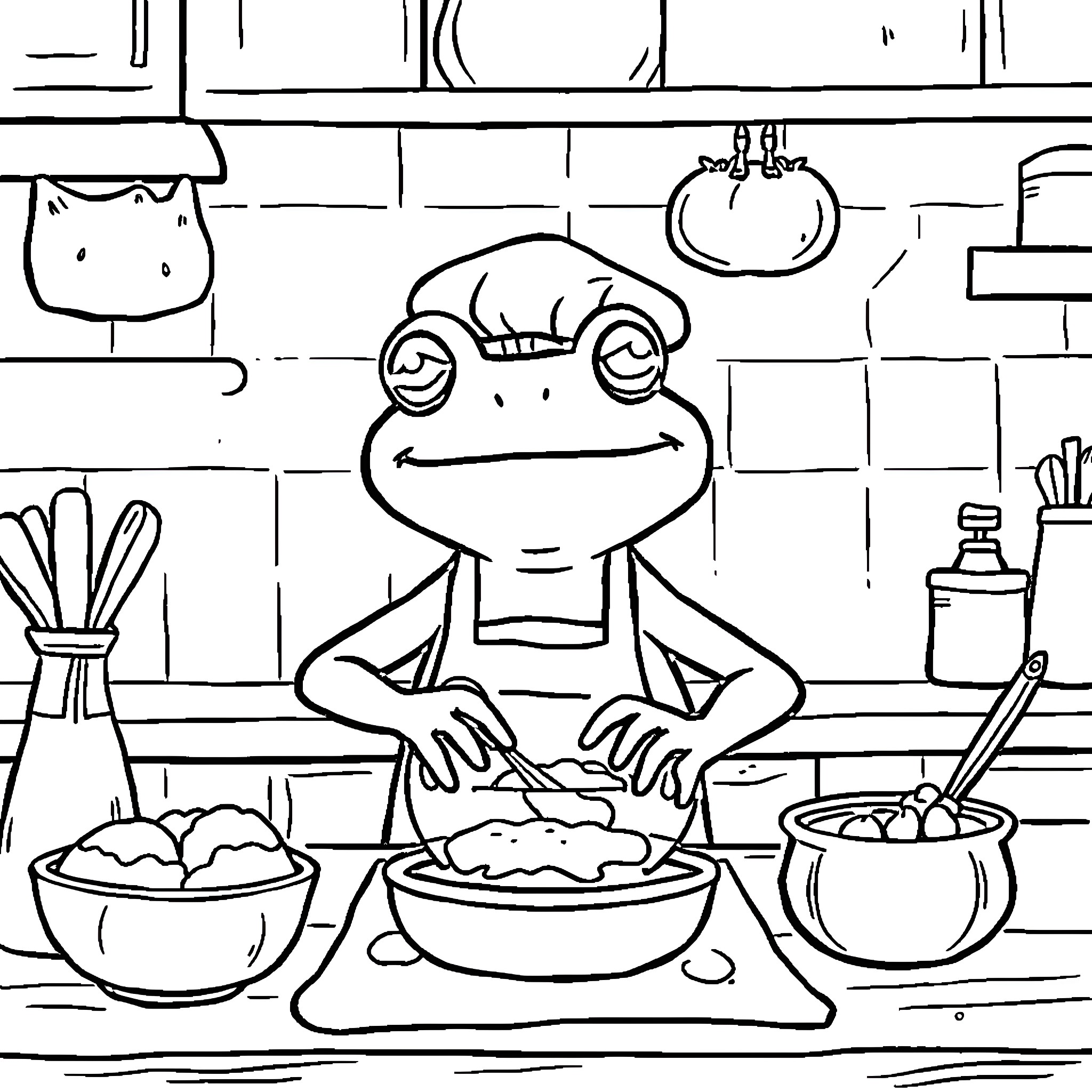 Frog cooking delightfully in the kitchen Coloring Page (free black-and-white line drawing printable PDF for all, from beginners to advanced learners, including children, teens, adults, and seniors)
