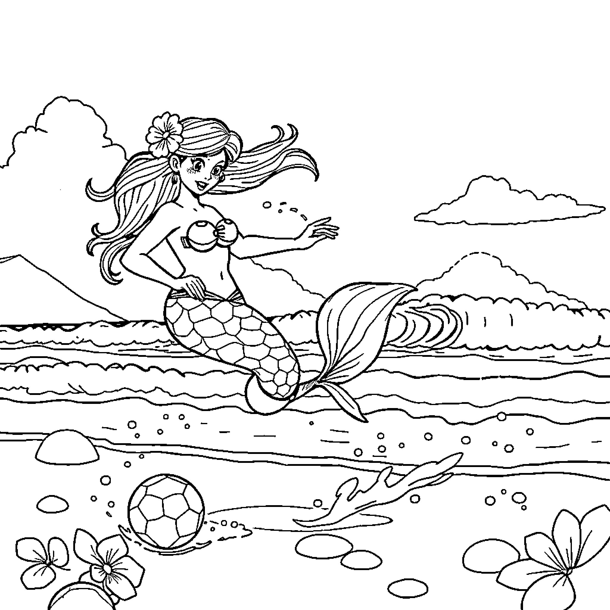 Mermaid Frolicking in the Waves Coloring Page (free black-and-white line drawing printable PDF for all, from beginners to advanced learners, including children, teens, adults, and seniors)