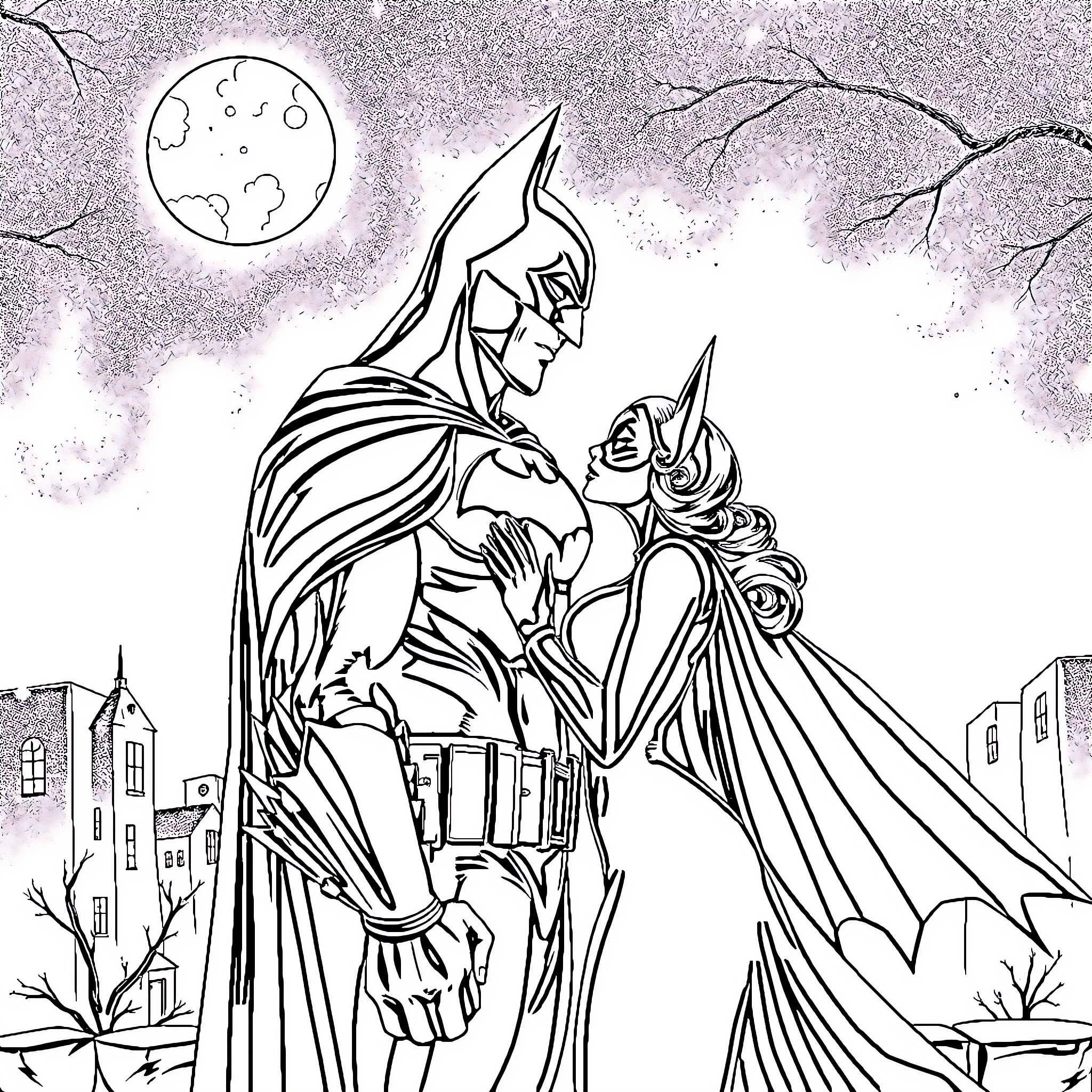 Batman and Batgirl in Moonlit Cityscape Coloring Page (free black-and-white line drawing printable PDF for all, from beginners to advanced learners, including children, teens, adults, and seniors)