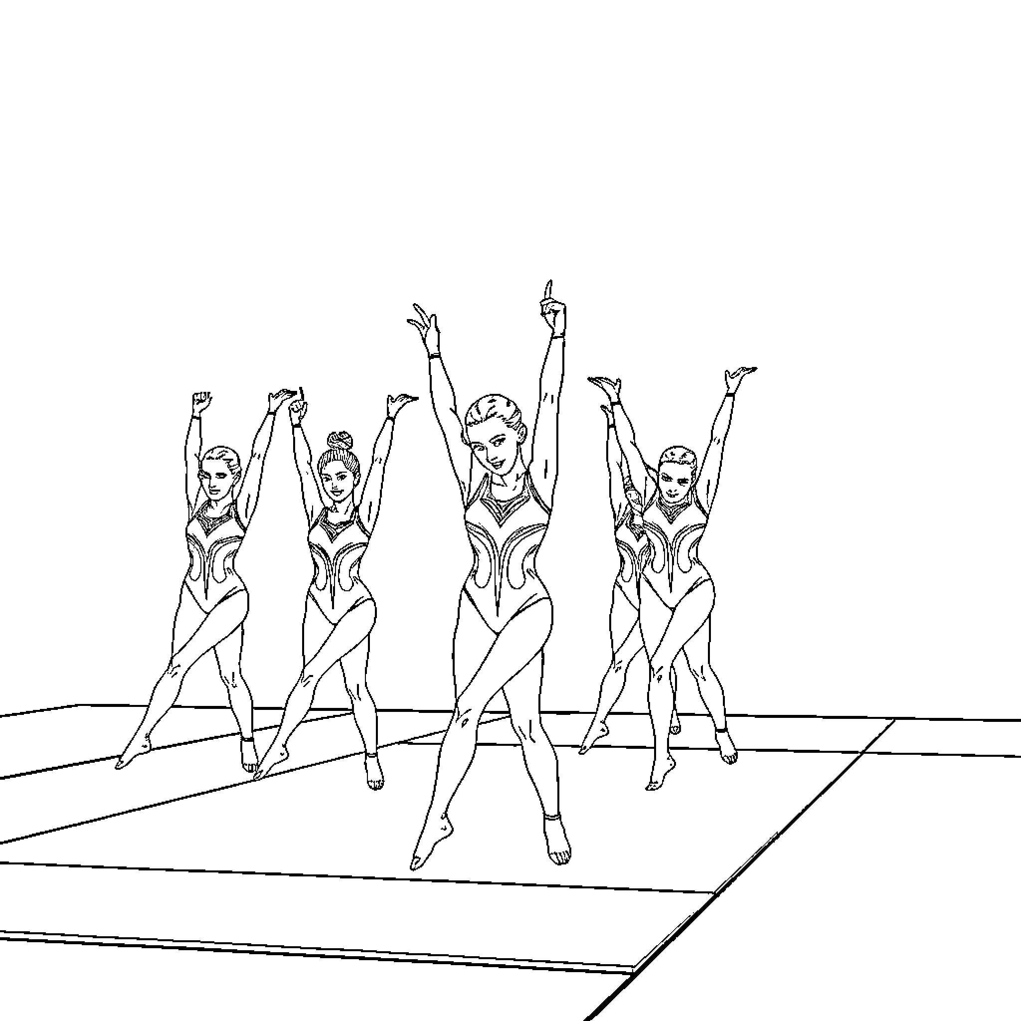 Turkey synchronized dancers performing acrobatic routine Coloring Page (free black-and-white line drawing printable PDF for all, from beginners to advanced learners, including children, teens, adults, and seniors)
