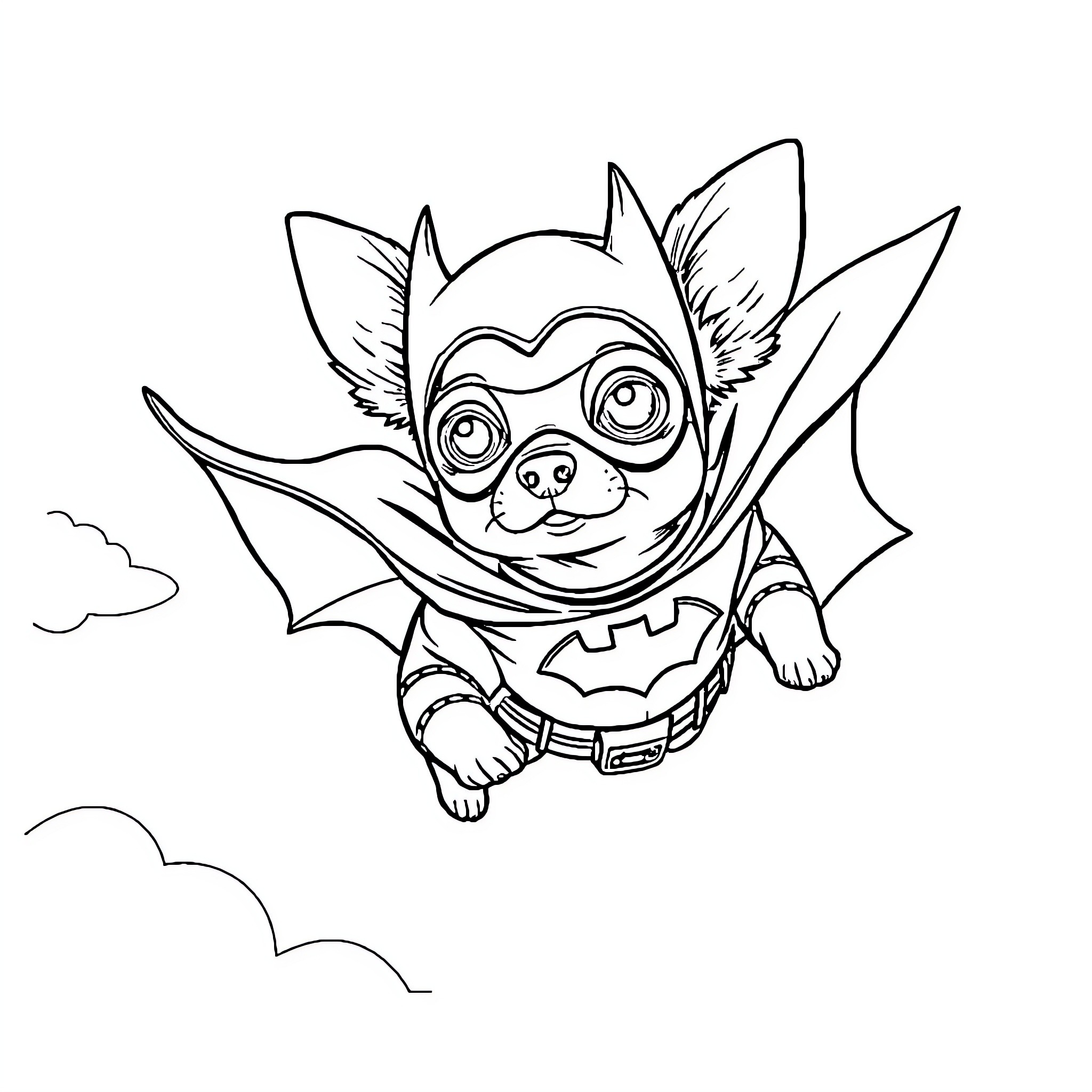 Chihuahua superhero flying through the sky Coloring Page (free black-and-white line drawing printable PDF for all, from beginners to advanced learners, including children, teens, adults, and seniors)