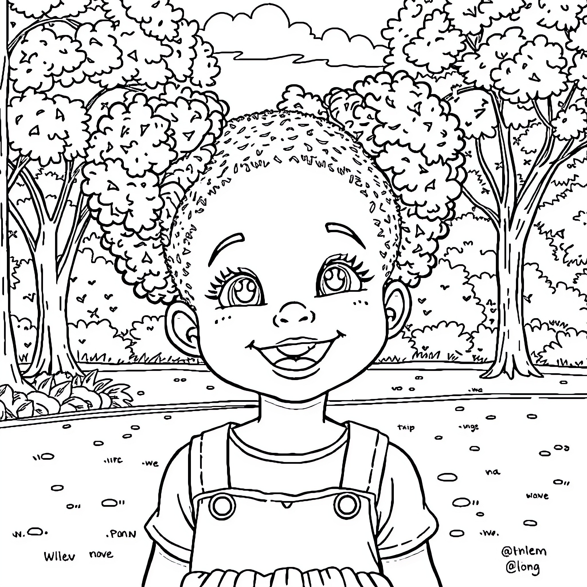 Girl exploring the enchanting forest Coloring Page (free black-and-white line drawing printable PDF for all, from beginners to advanced learners, including children, teens, adults, and seniors)
