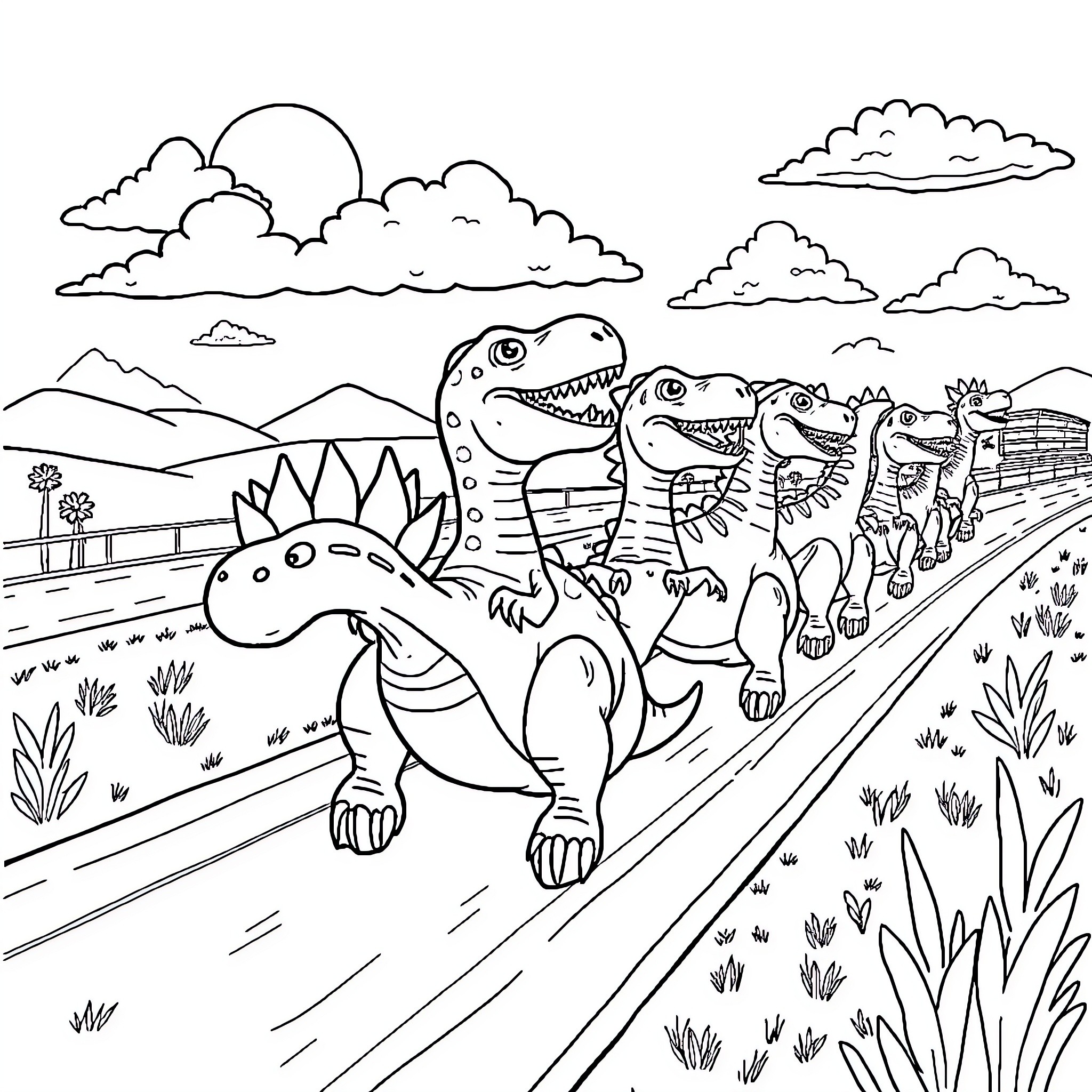 Dinosaurs Marching on a Path in Nature Coloring Page (free black-and-white line drawing printable PDF for all, from beginners to advanced learners, including children, teens, adults, and seniors)