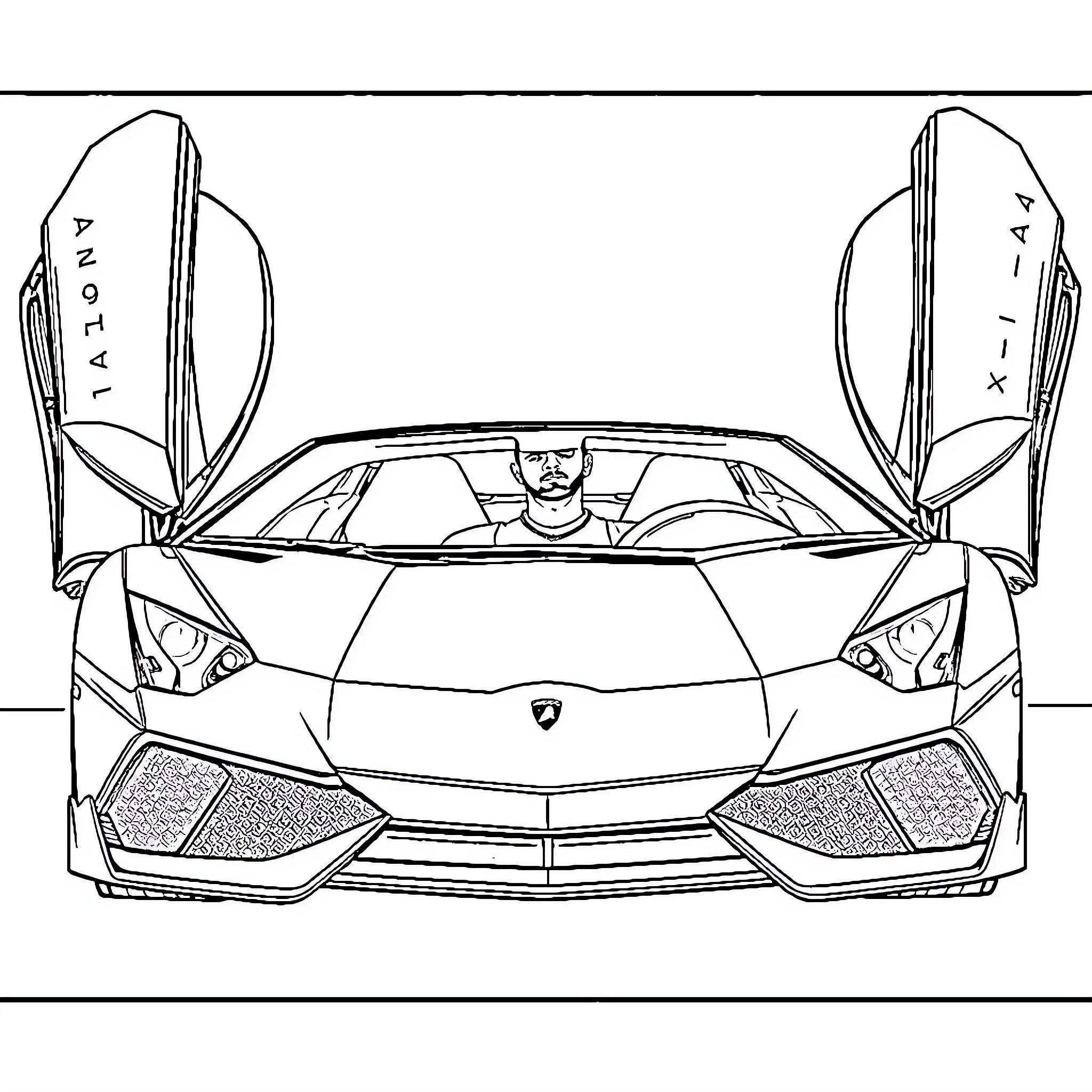 Anuel AA's Luxurious Supercar Showcase Coloring Page (free black-and-white line drawing printable PDF for all, from beginners to advanced learners, including children, teens, adults, and seniors)