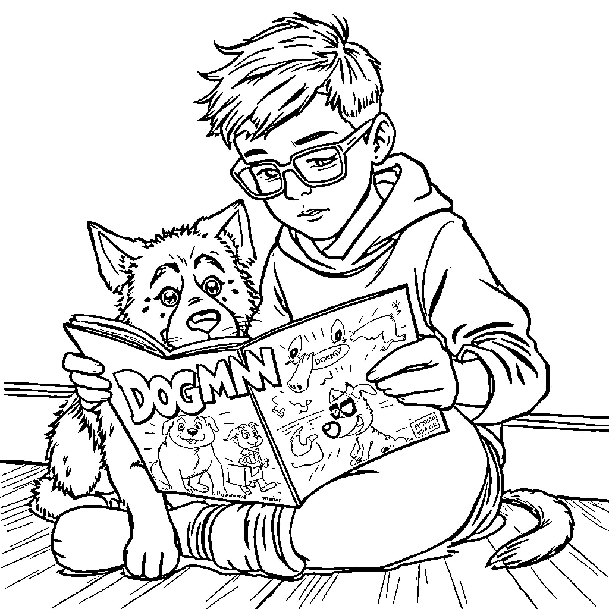Boy reading comic book with pet dog Coloring Page (free black-and-white line drawing printable PDF for all, from beginners to advanced learners, including children, teens, adults, and seniors)