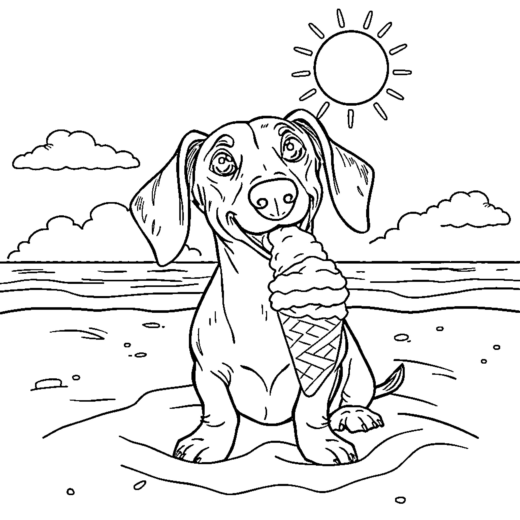 Dachshund enjoying a sunny day at the beach Coloring Page (free black-and-white line drawing printable PDF for all, from beginners to advanced learners, including children, teens, adults, and seniors)