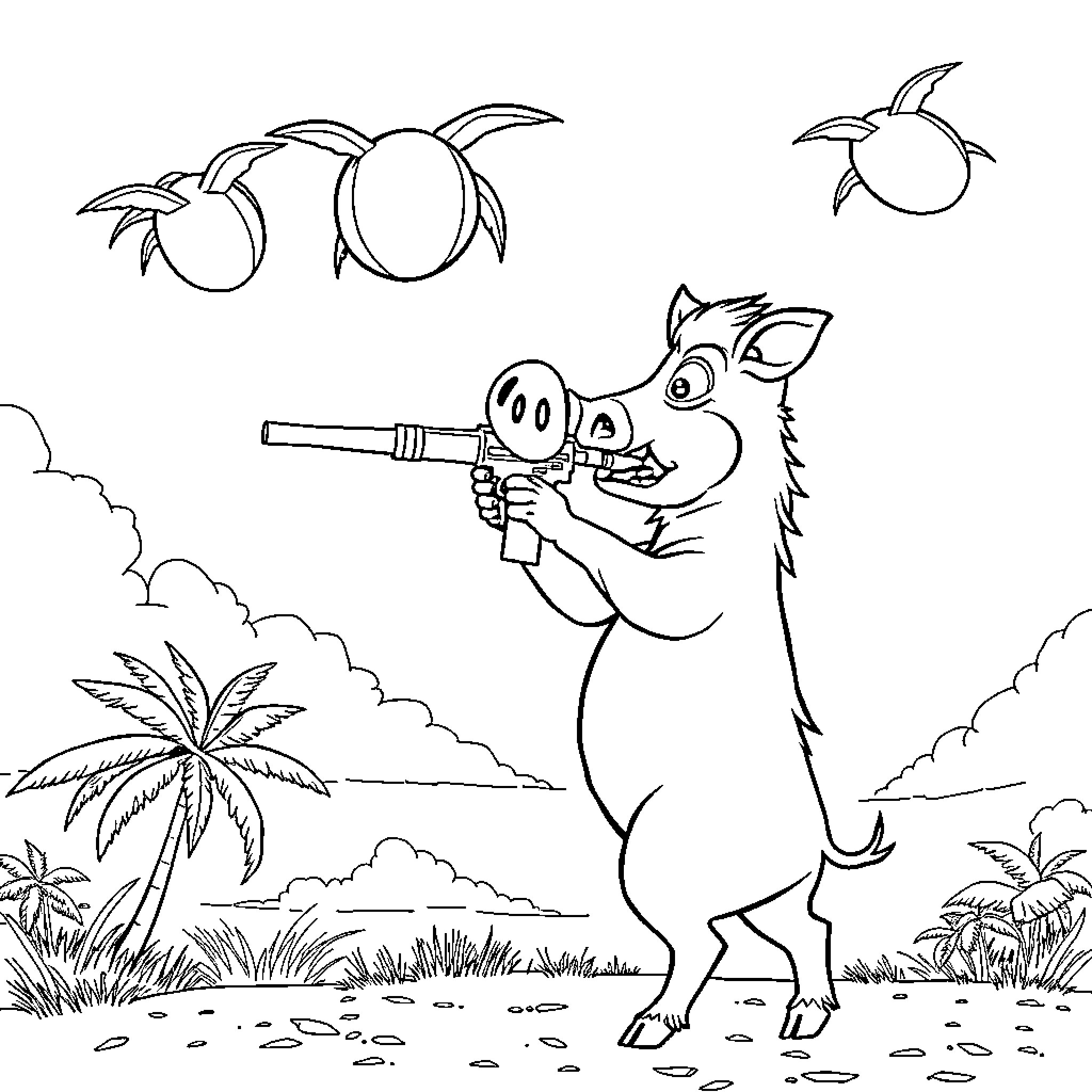 Warthog exploring tropical landscape with binoculars Coloring Page (free black-and-white line drawing printable PDF for all, from beginners to advanced learners, including children, teens, adults, and seniors)