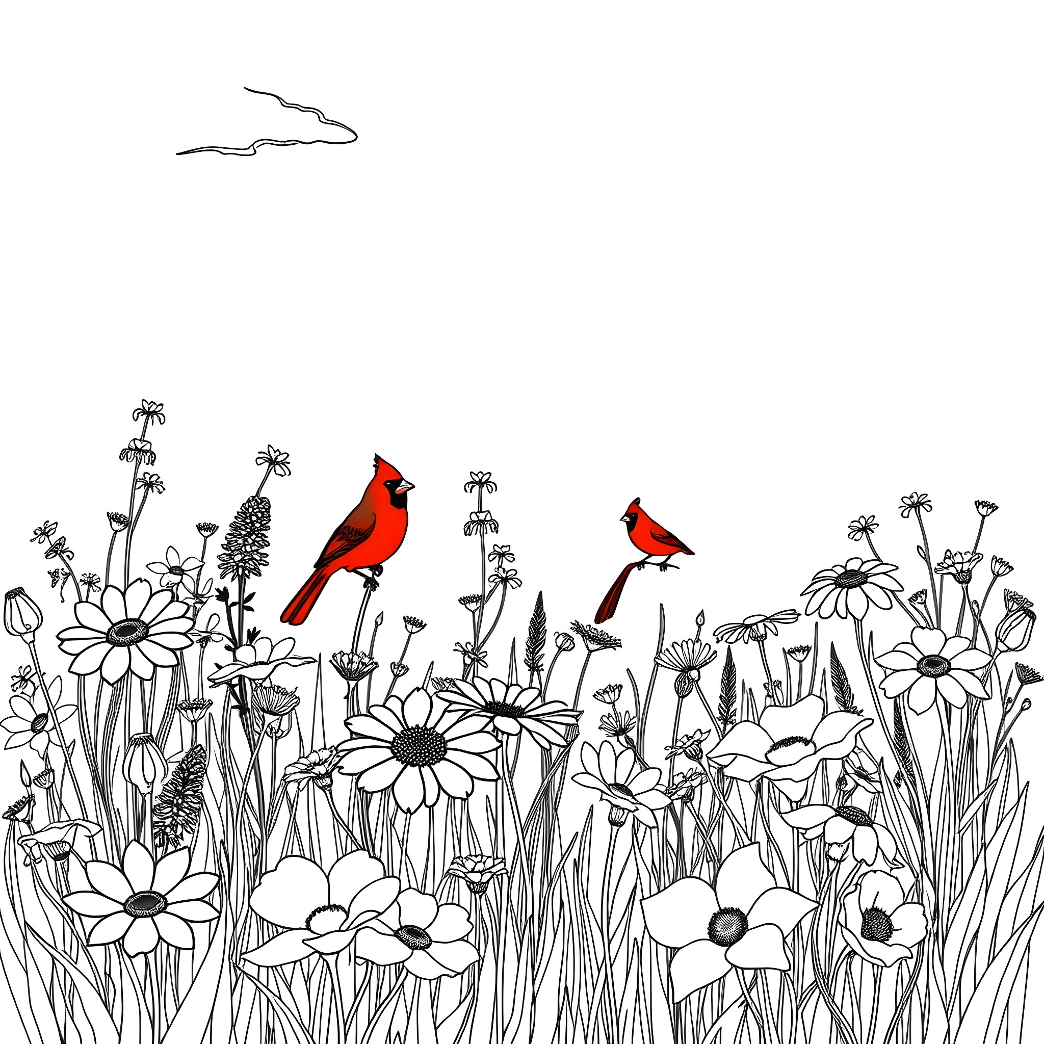 Flower garden with playful cardinals Coloring Page (free black-and-white line drawing printable PDF for all, from beginners to advanced learners, including children, teens, adults, and seniors)