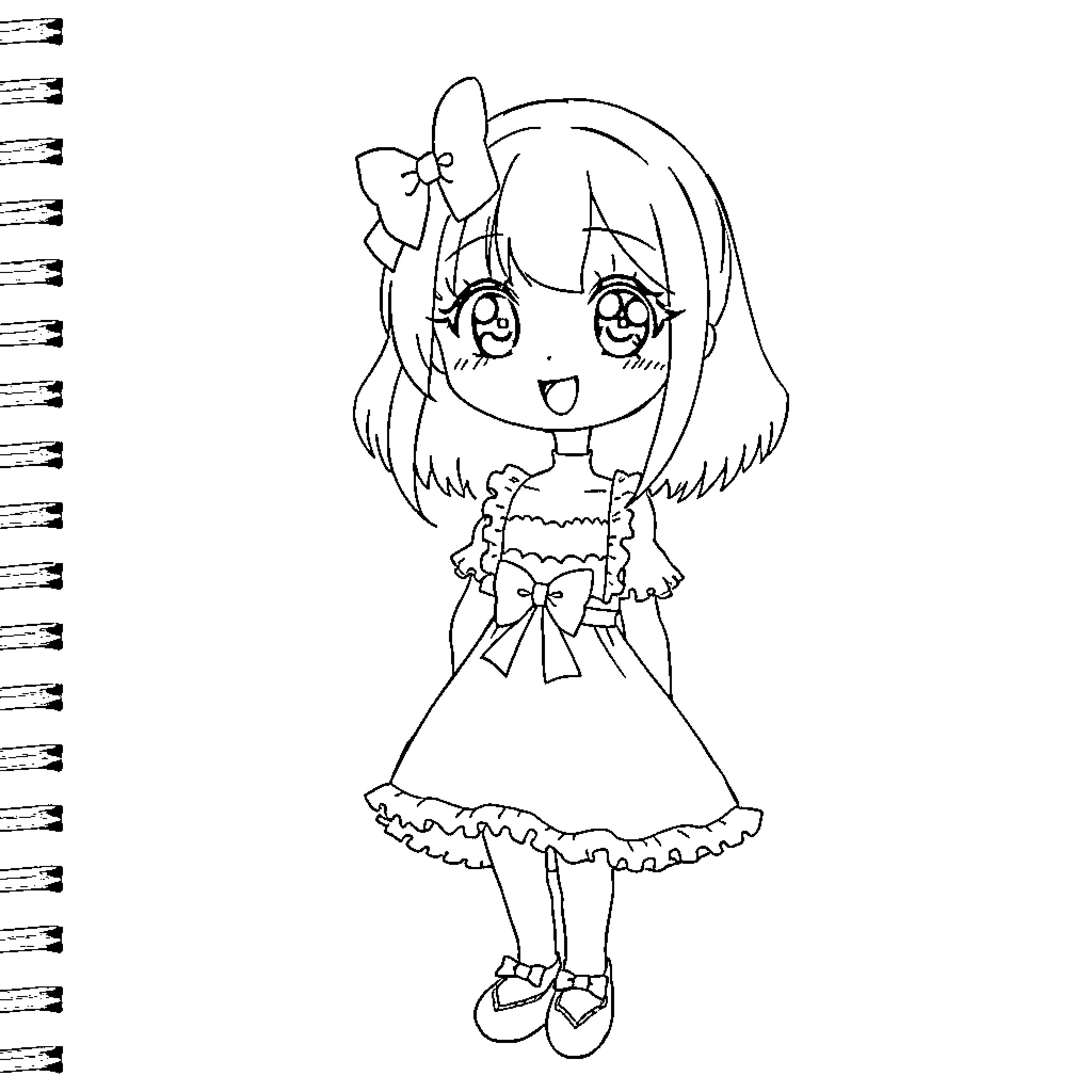 Anime Girl in Adorable Frilly Dress Coloring Page (free black-and-white line drawing printable PDF for all, from beginners to advanced learners, including children, teens, adults, and seniors)