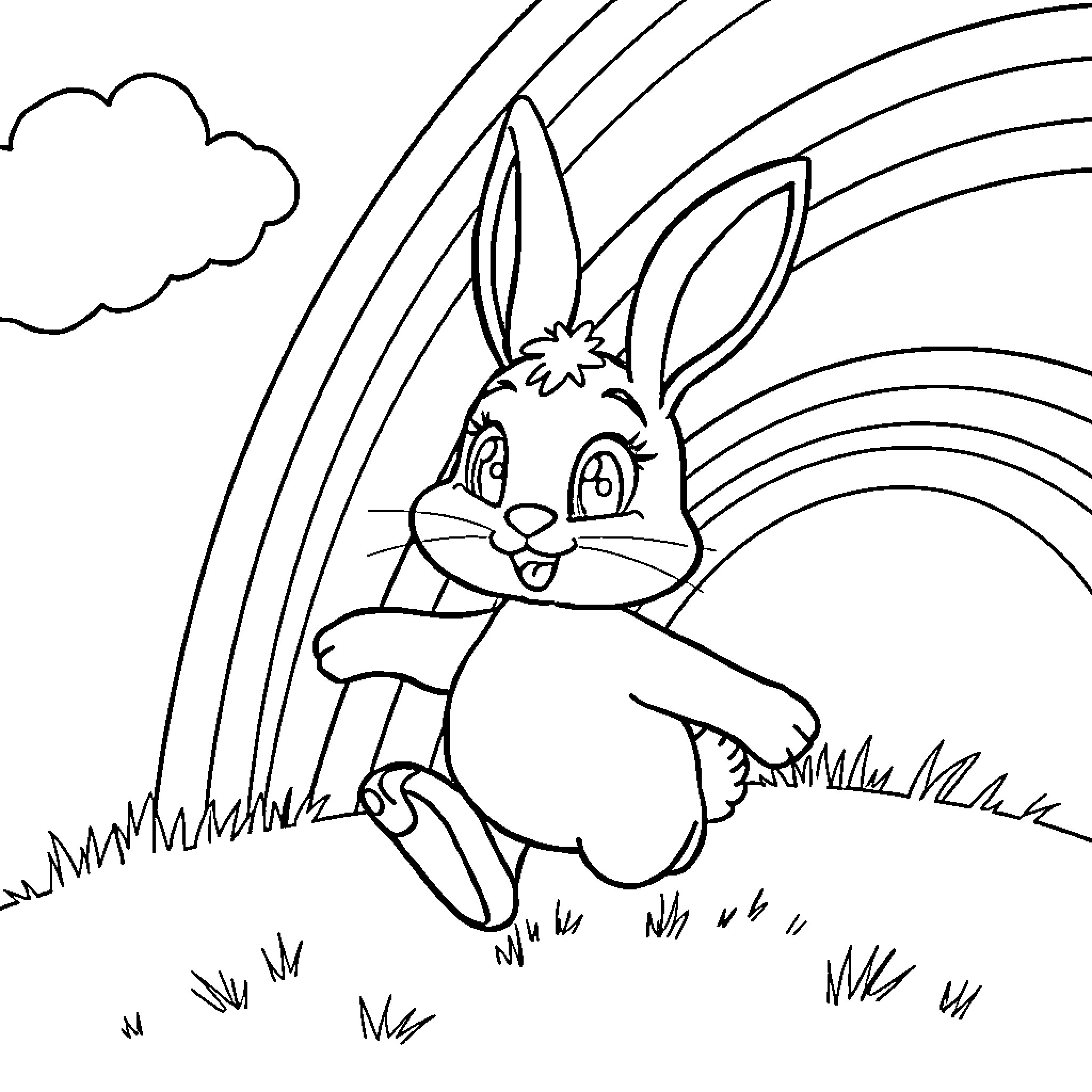 Bunny running joyfully in the meadow Coloring Page (free black-and-white line drawing printable PDF for all, from beginners to advanced learners, including children, teens, adults, and seniors)