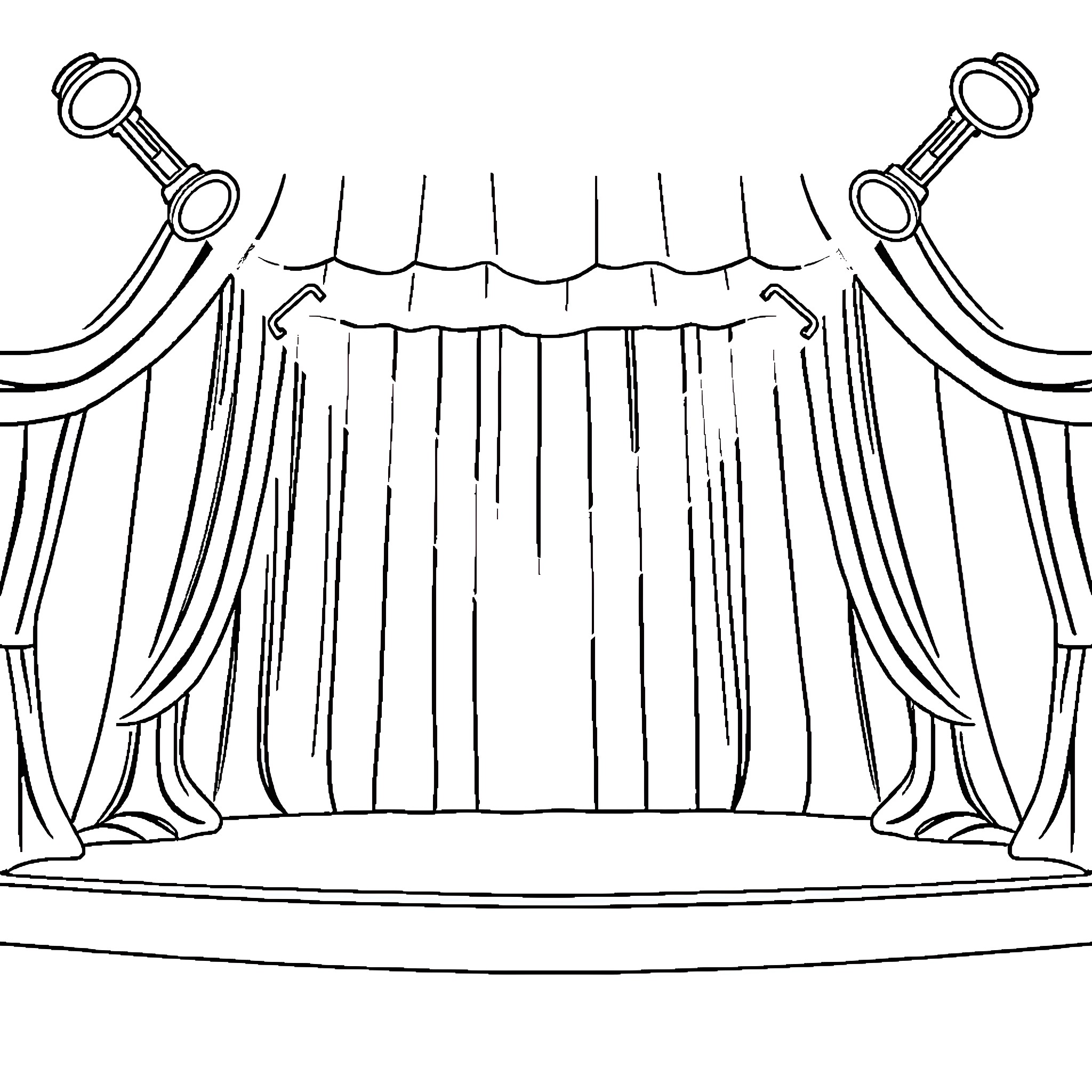Stage with Ornate Theatrical Curtains Coloring Page (free black-and-white line drawing printable PDF for all, from beginners to advanced learners, including children, teens, adults, and seniors)