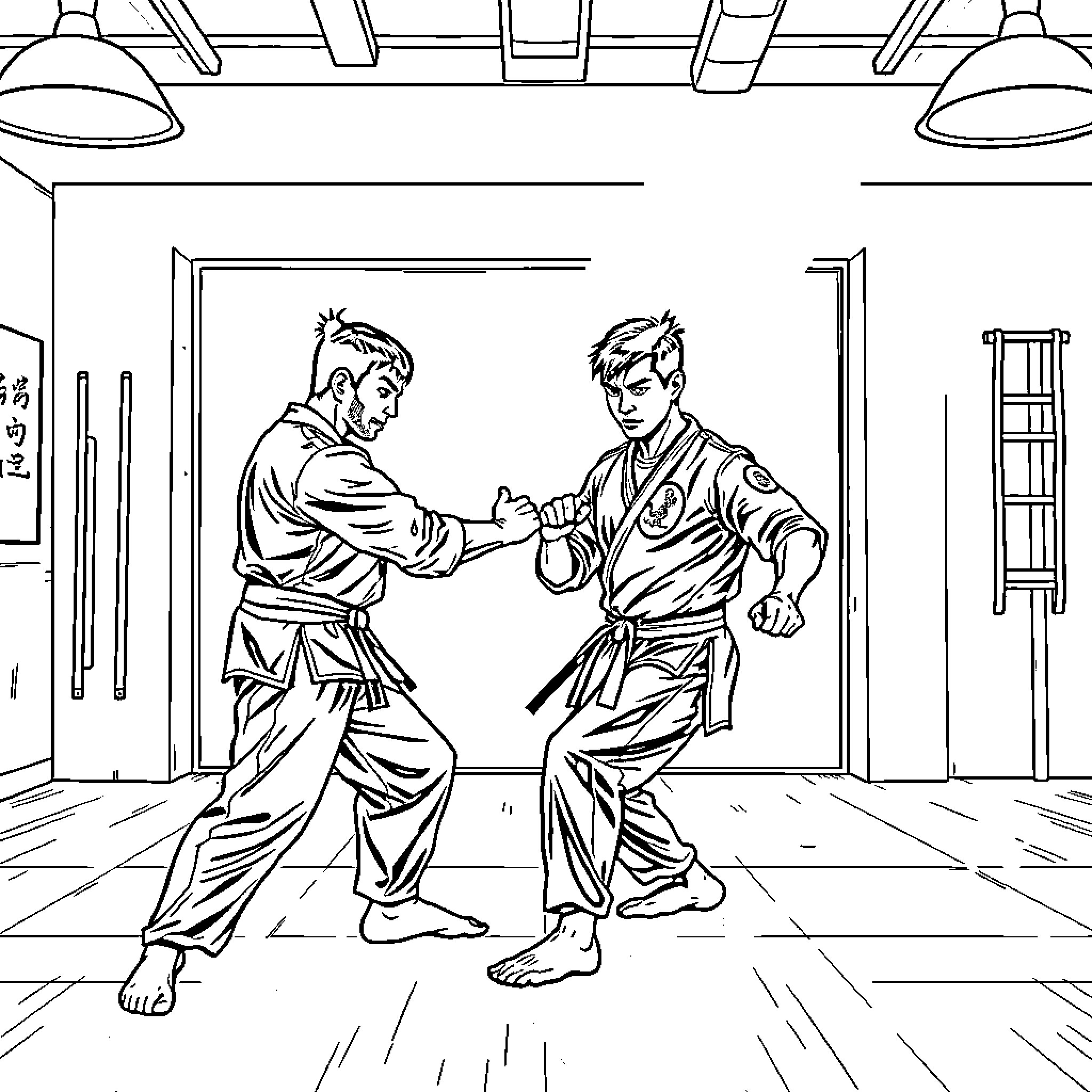 Super Heroes Sparring in Martial Arts Training Coloring Page (free black-and-white line drawing printable PDF for all, from beginners to advanced learners, including children, teens, adults, and seniors)