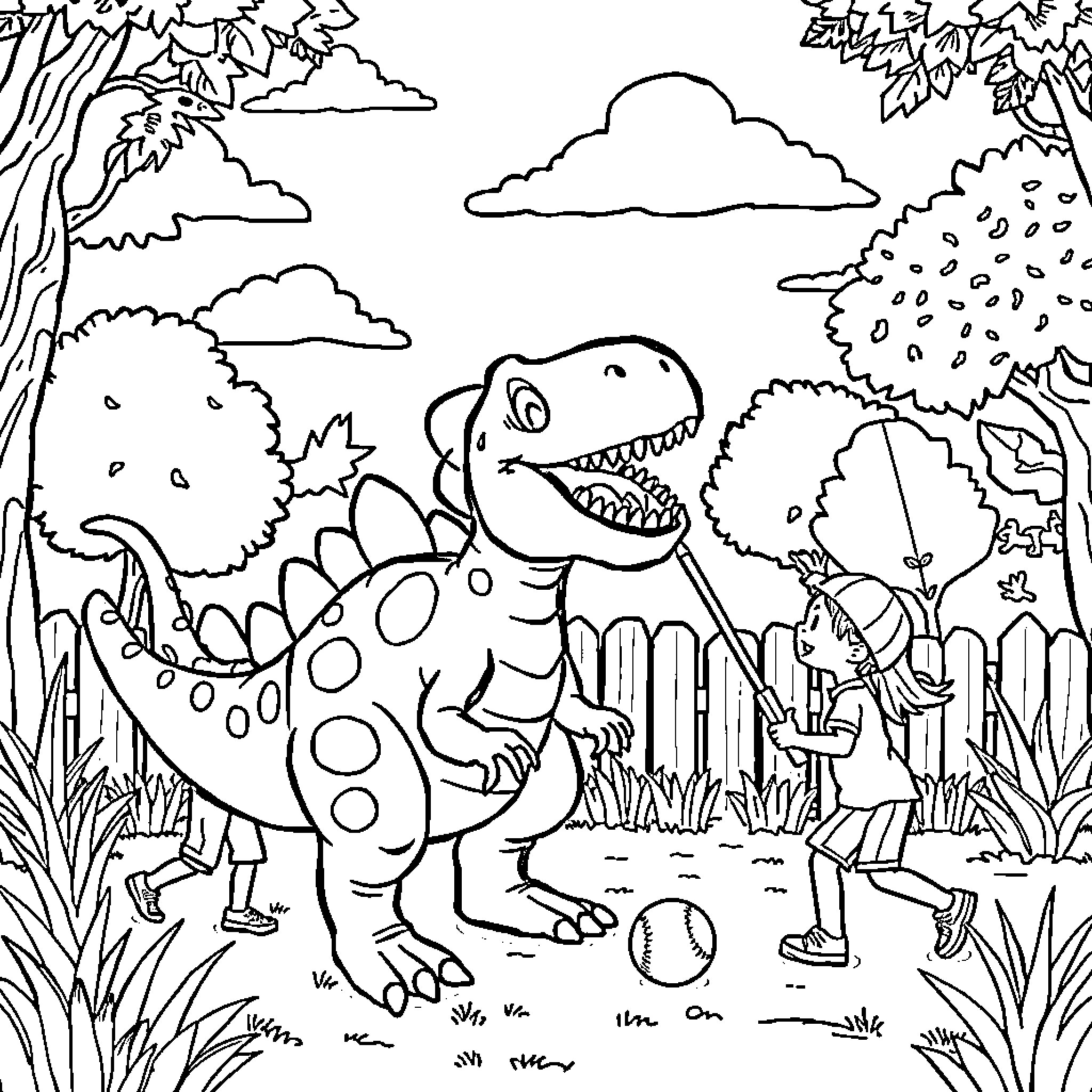 Dinosaur playing with a ball in the forest Coloring Page (free black-and-white line drawing printable PDF for all, from beginners to advanced learners, including children, teens, adults, and seniors)