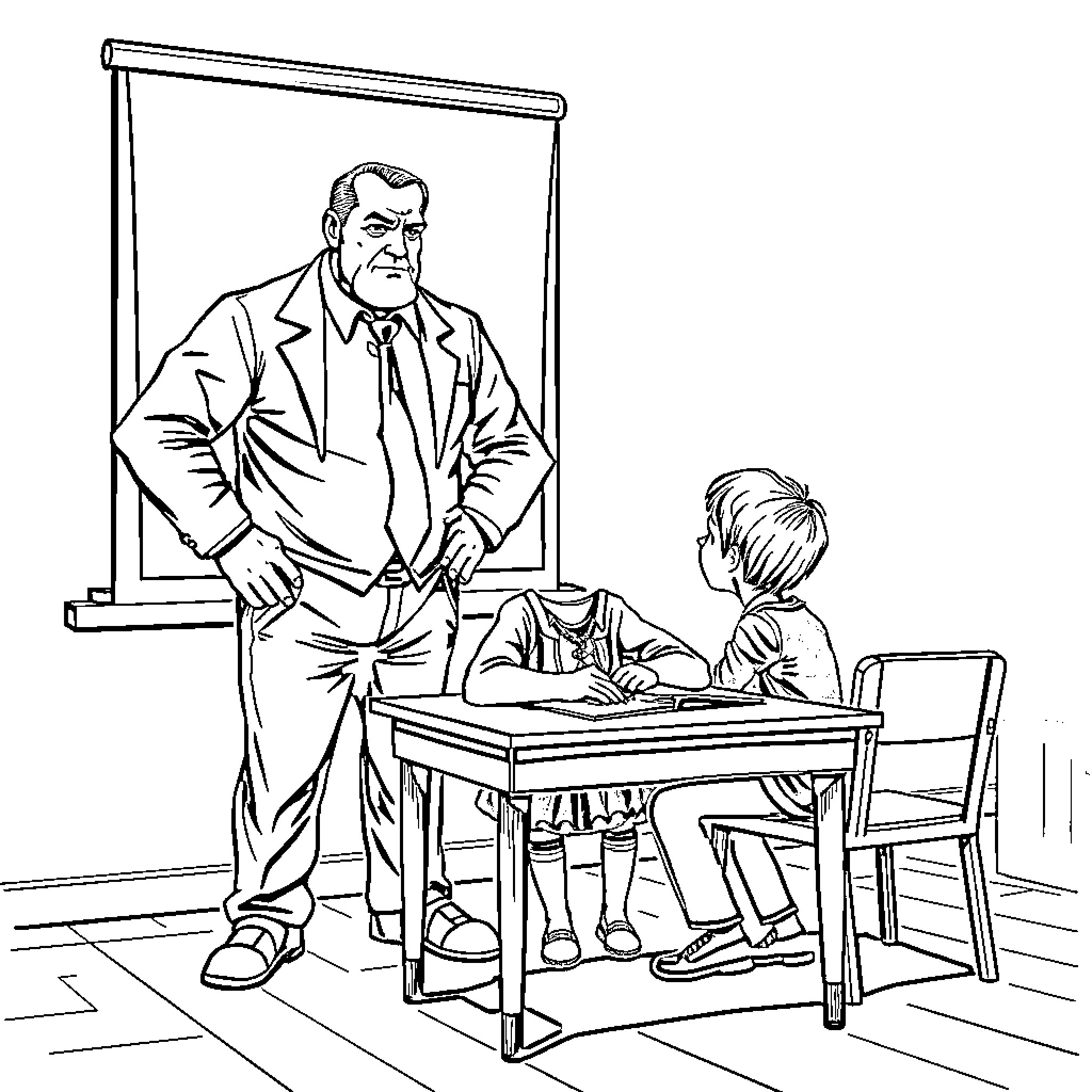 Student learning from experienced teacher in classroom Coloring Page (free black-and-white line drawing printable PDF for all, from beginners to advanced learners, including children, teens, adults, and seniors)