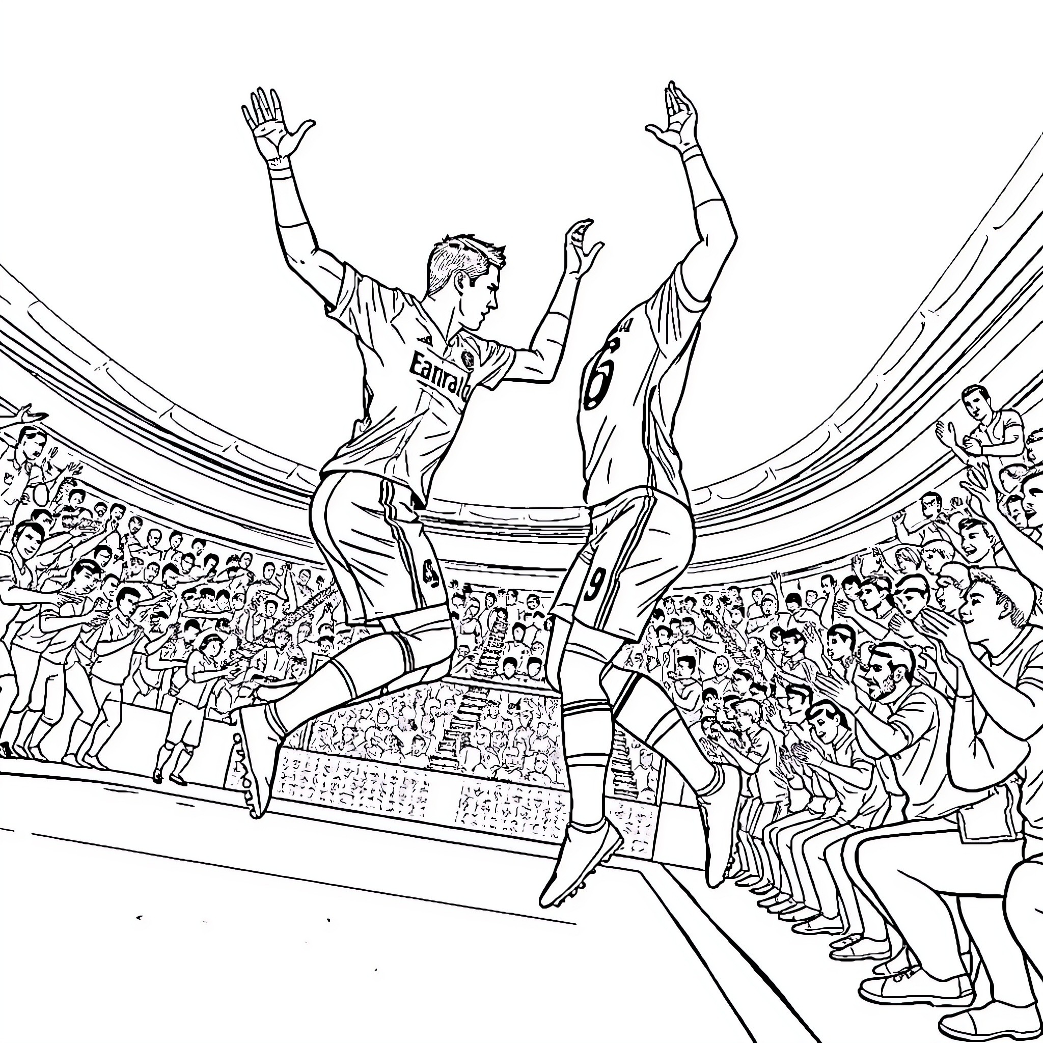 Cristiano Ronaldo celebrating on the field with fans Coloring Page (free black-and-white line drawing printable PDF for all, from beginners to advanced learners, including children, teens, adults, and seniors)