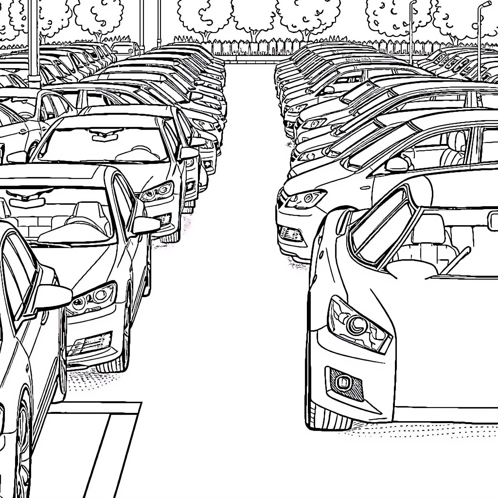 Car dealership with rows of vehicles Coloring Page (free black-and-white line drawing printable PDF for all, from beginners to advanced learners, including children, teens, adults, and seniors)