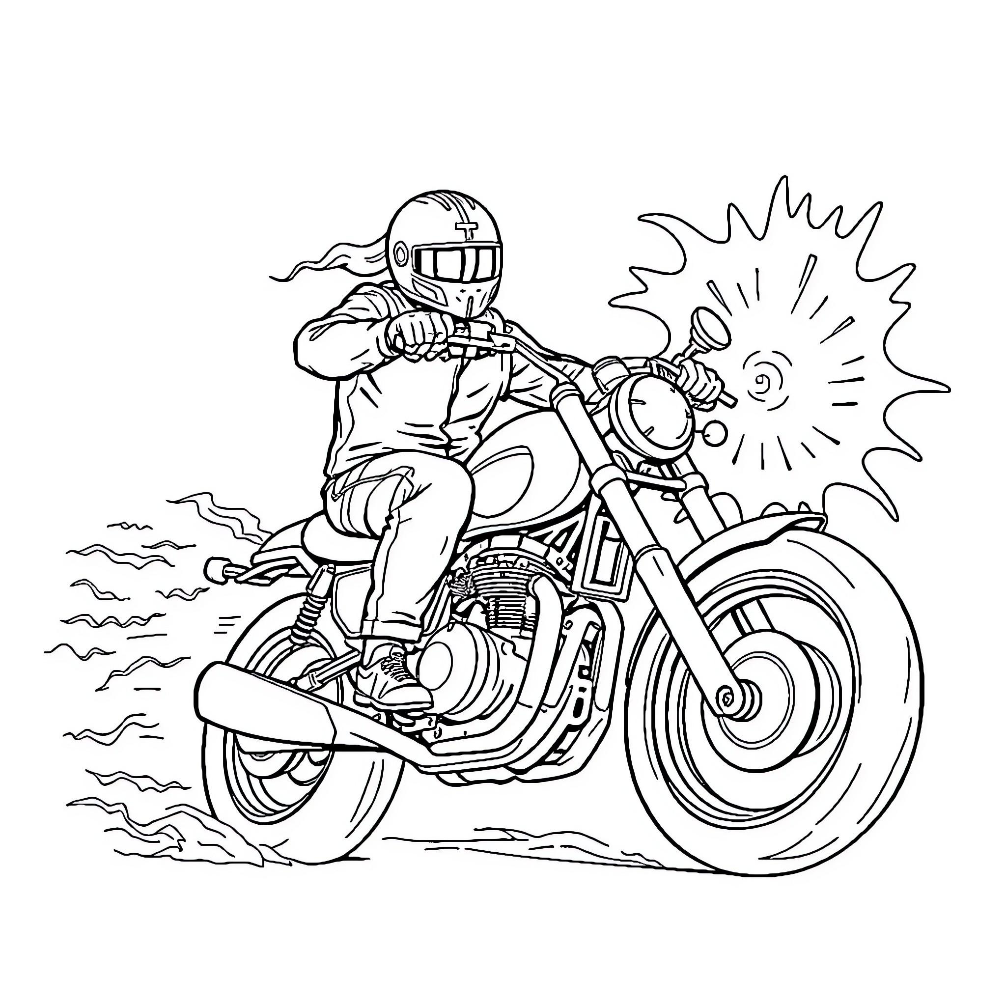 Motorcycle rider speeding through the countryside Coloring Page (free black-and-white line drawing printable PDF for all, from beginners to advanced learners, including children, teens, adults, and seniors)