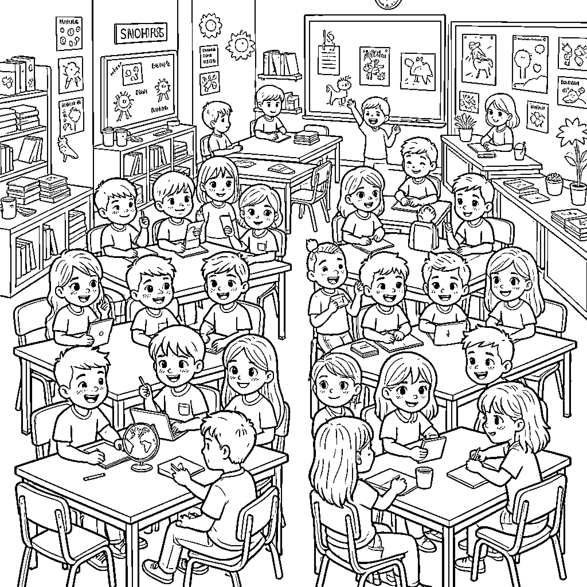 School Classroom with Students Engaged in Various Activities Coloring Page (free black-and-white line drawing printable PDF for all, from beginners to advanced learners, including children, teens, adults, and seniors)