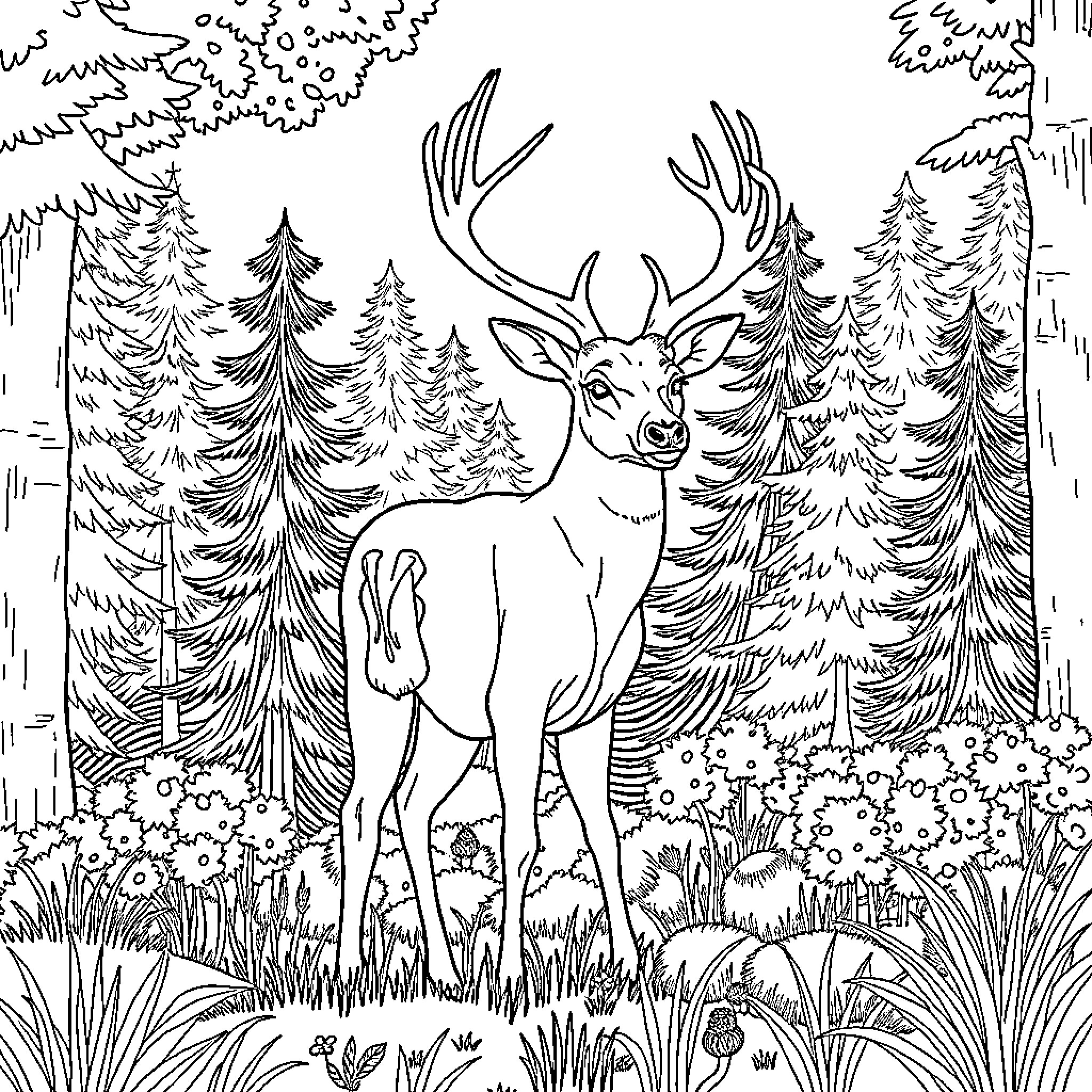 Deer standing amidst nature's beauty Coloring Page (free black-and-white line drawing printable PDF for all, from beginners to advanced learners, including children, teens, adults, and seniors)