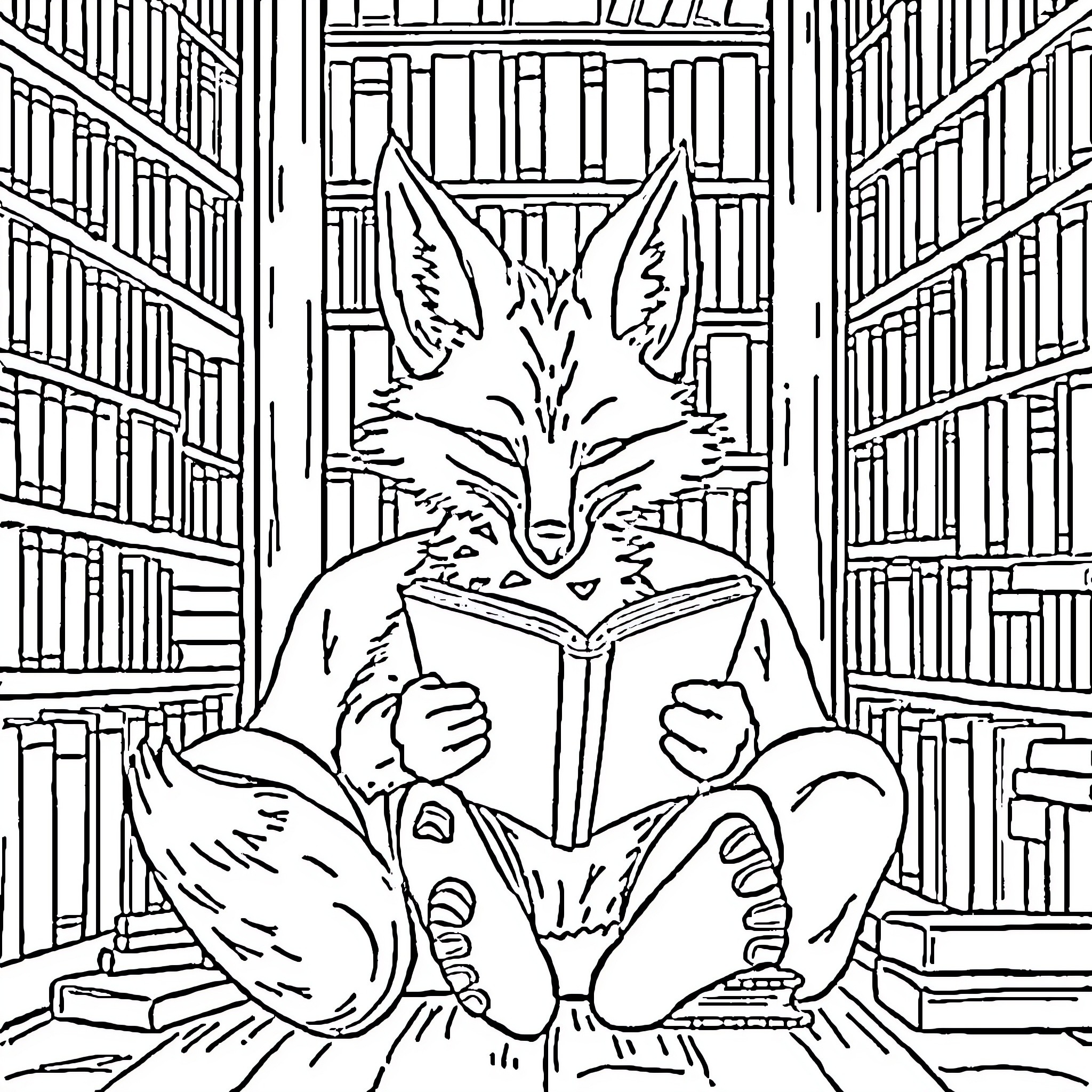 Fox reading a book in a library Coloring Page (free black-and-white line drawing printable PDF for all, from beginners to advanced learners, including children, teens, adults, and seniors)