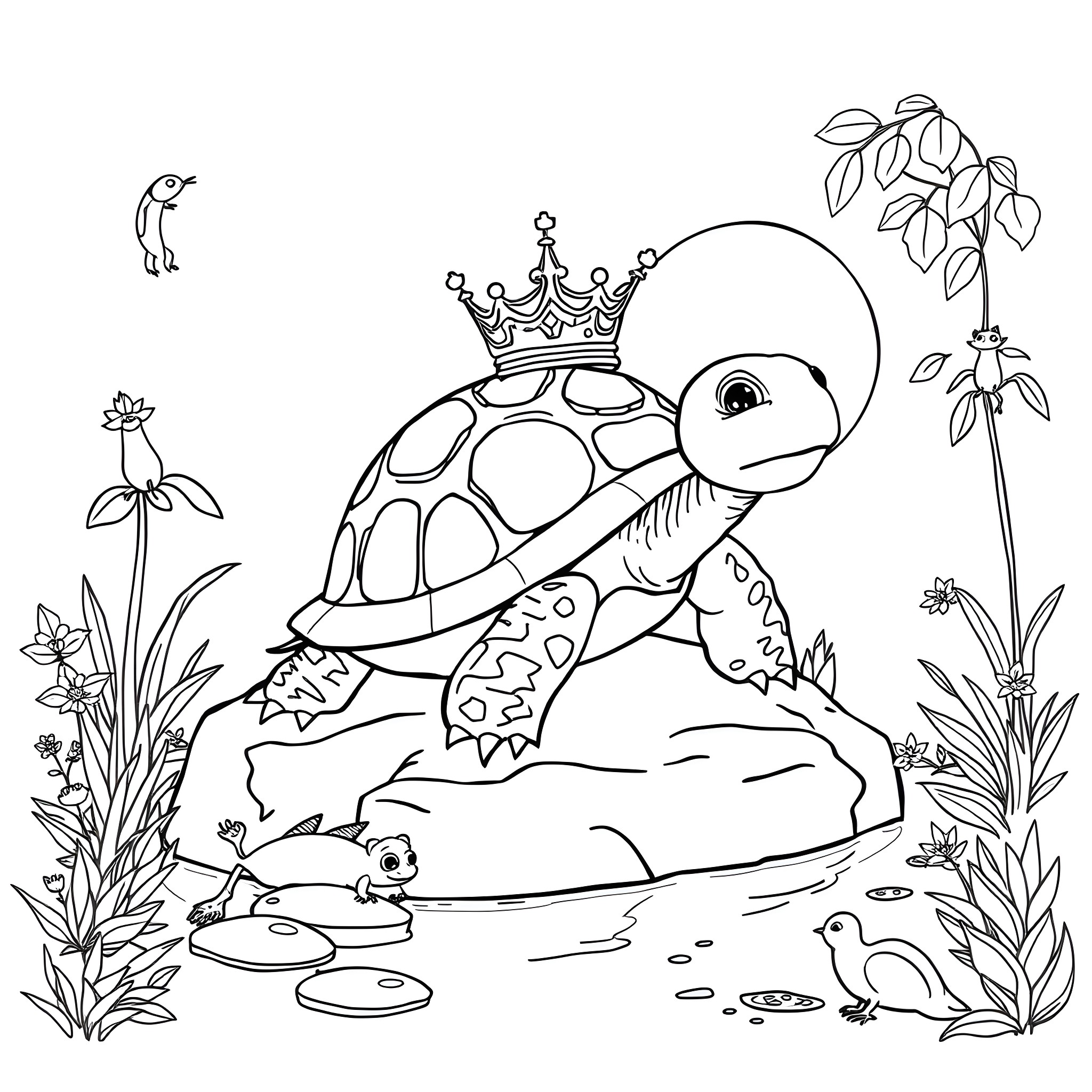 Turtle wearing a crown in a nature scene Coloring Page (free black-and-white line drawing printable PDF for all, from beginners to advanced learners, including children, teens, adults, and seniors)
