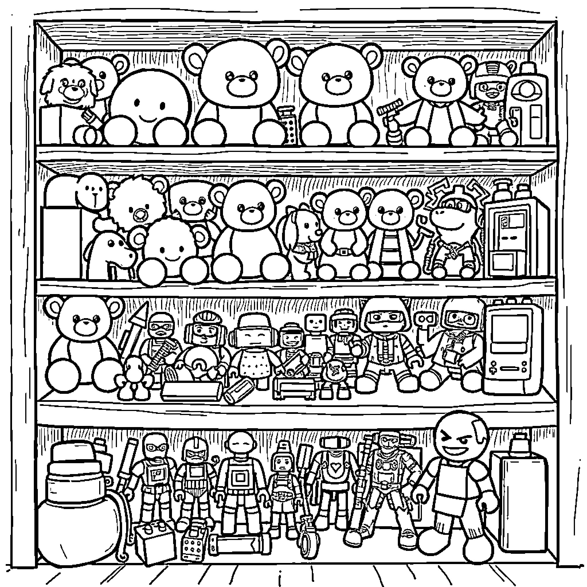Toy shelves filled with various characters and objects Coloring Page (free black-and-white line drawing printable PDF for all, from beginners to advanced learners, including children, teens, adults, and seniors)