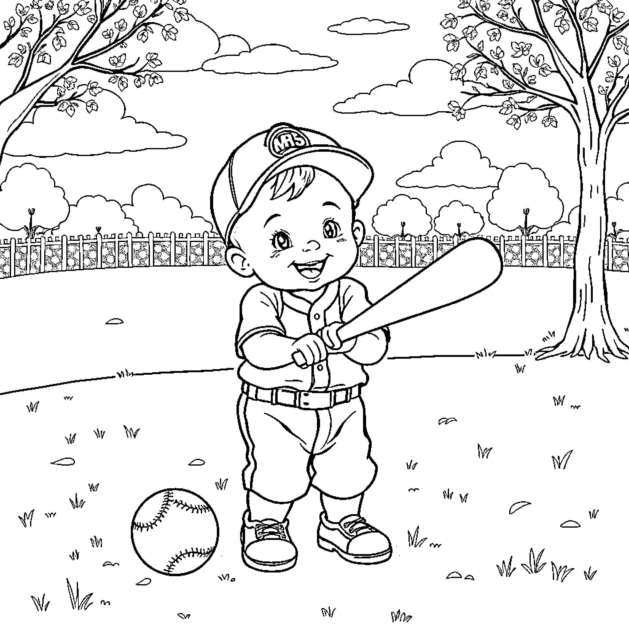 Baby playing with baseball bat in park Coloring Page (free black-and-white line drawing printable PDF for all, from beginners to advanced learners, including children, teens, adults, and seniors)