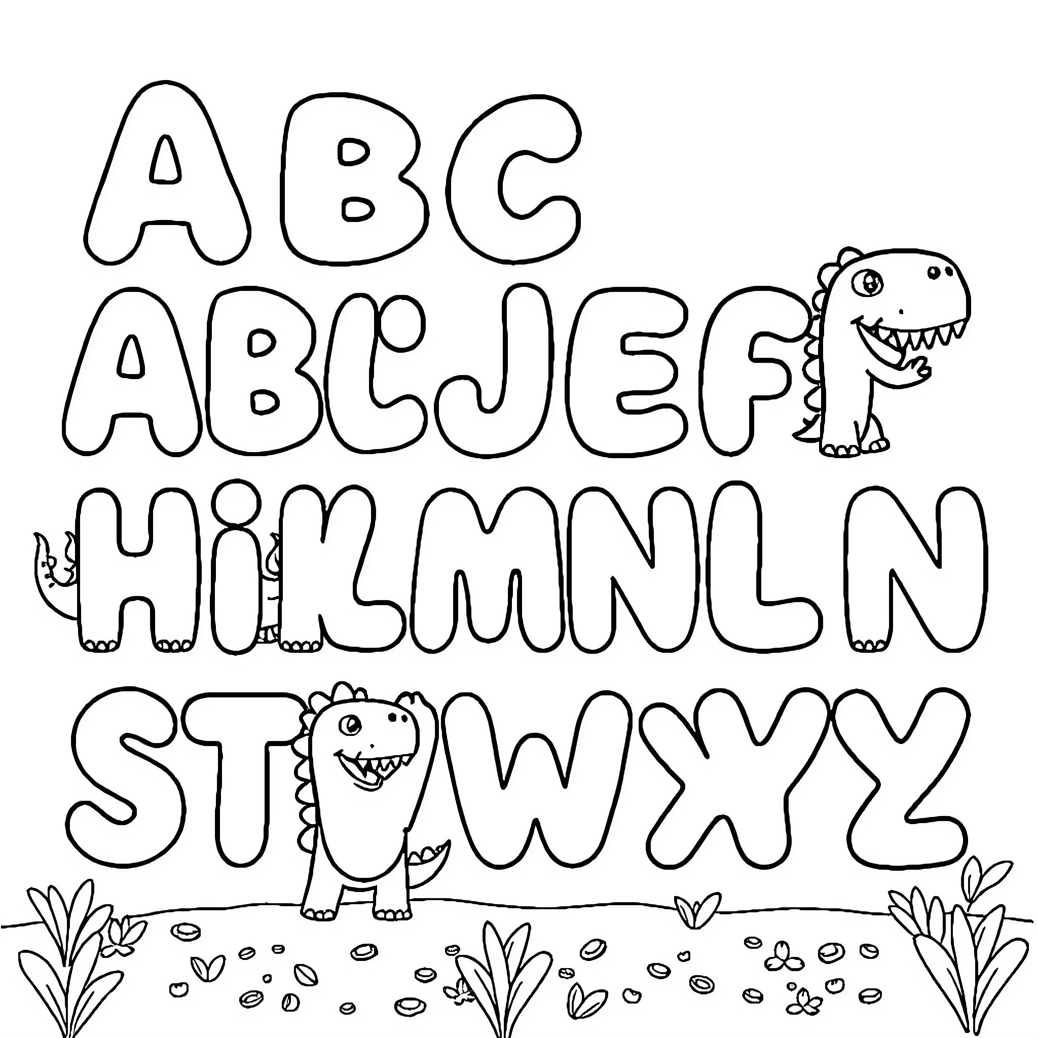Dinosaur Alphabet Coloring Page Coloring Page (free black-and-white line drawing printable PDF for all, from beginners to advanced learners, including children, teens, adults, and seniors)