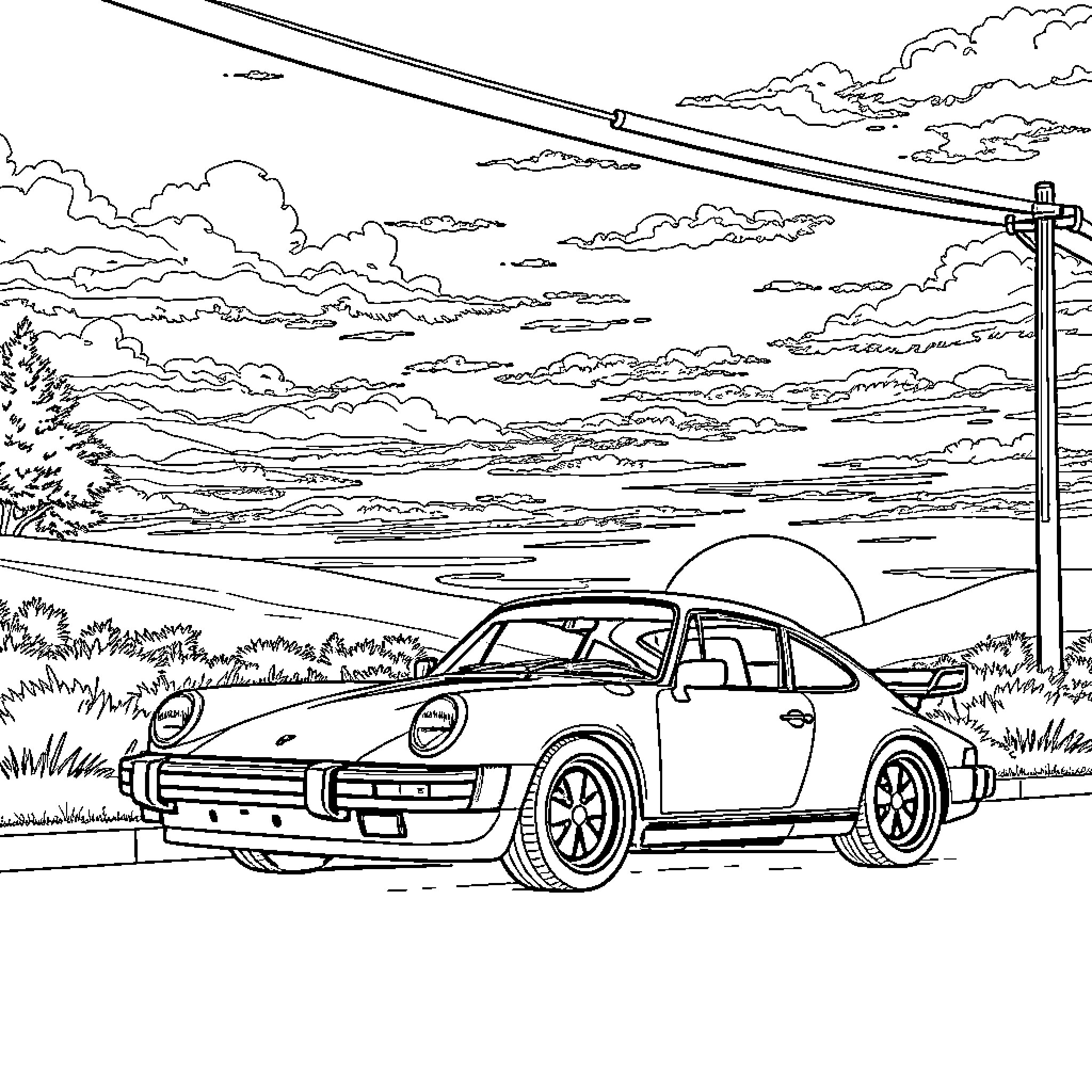 Porsche sports car in scenic countryside landscape Coloring Page (free black-and-white line drawing printable PDF for all, from beginners to advanced learners, including children, teens, adults, and seniors)