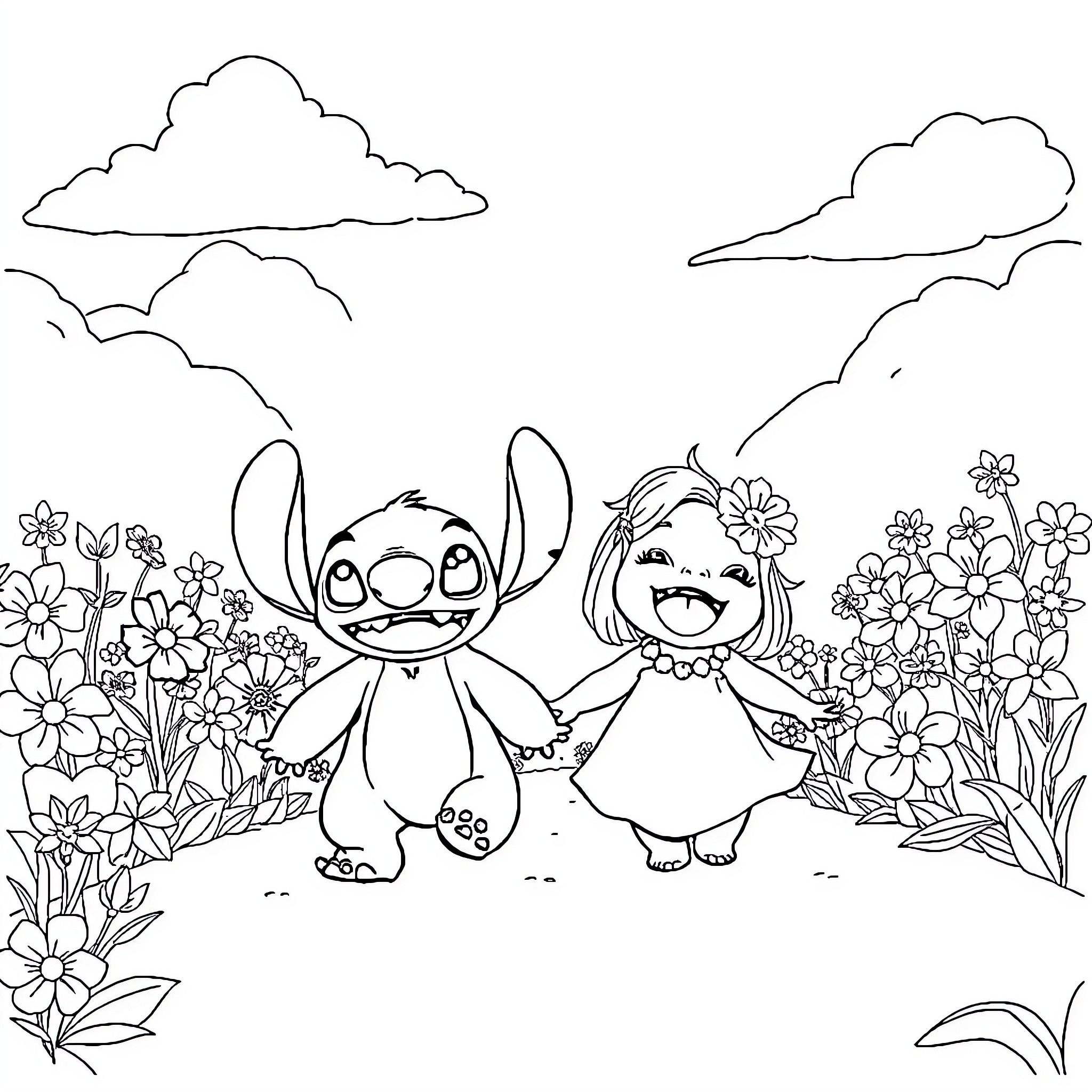 Lilo and stitch play in a floral field Coloring Page (free black-and-white line drawing printable PDF for all, from beginners to advanced learners, including children, teens, adults, and seniors)
