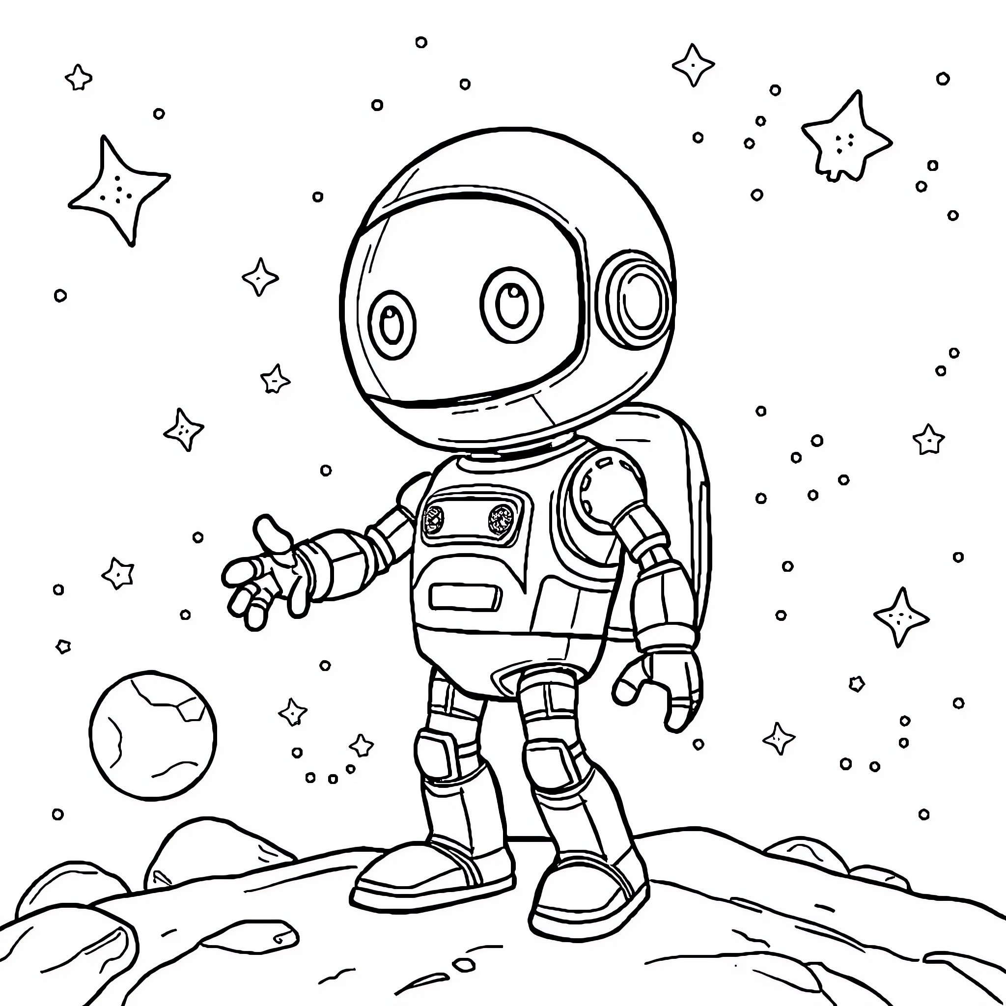 Astro Bot explores the wondrous cosmic landscape Coloring Page (free black-and-white line drawing printable PDF for all, from beginners to advanced learners, including children, teens, adults, and seniors)