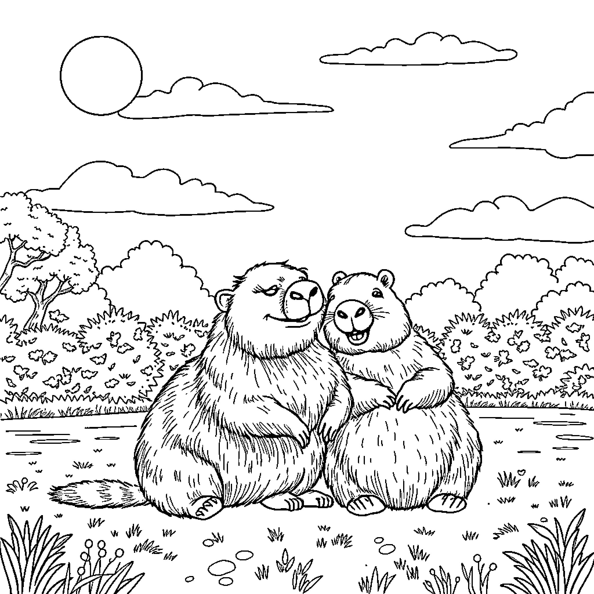 Rumi's Joyful Bear Companions in Serene Nature Coloring Page (free black-and-white line drawing printable PDF for all, from beginners to advanced learners, including children, teens, adults, and seniors)