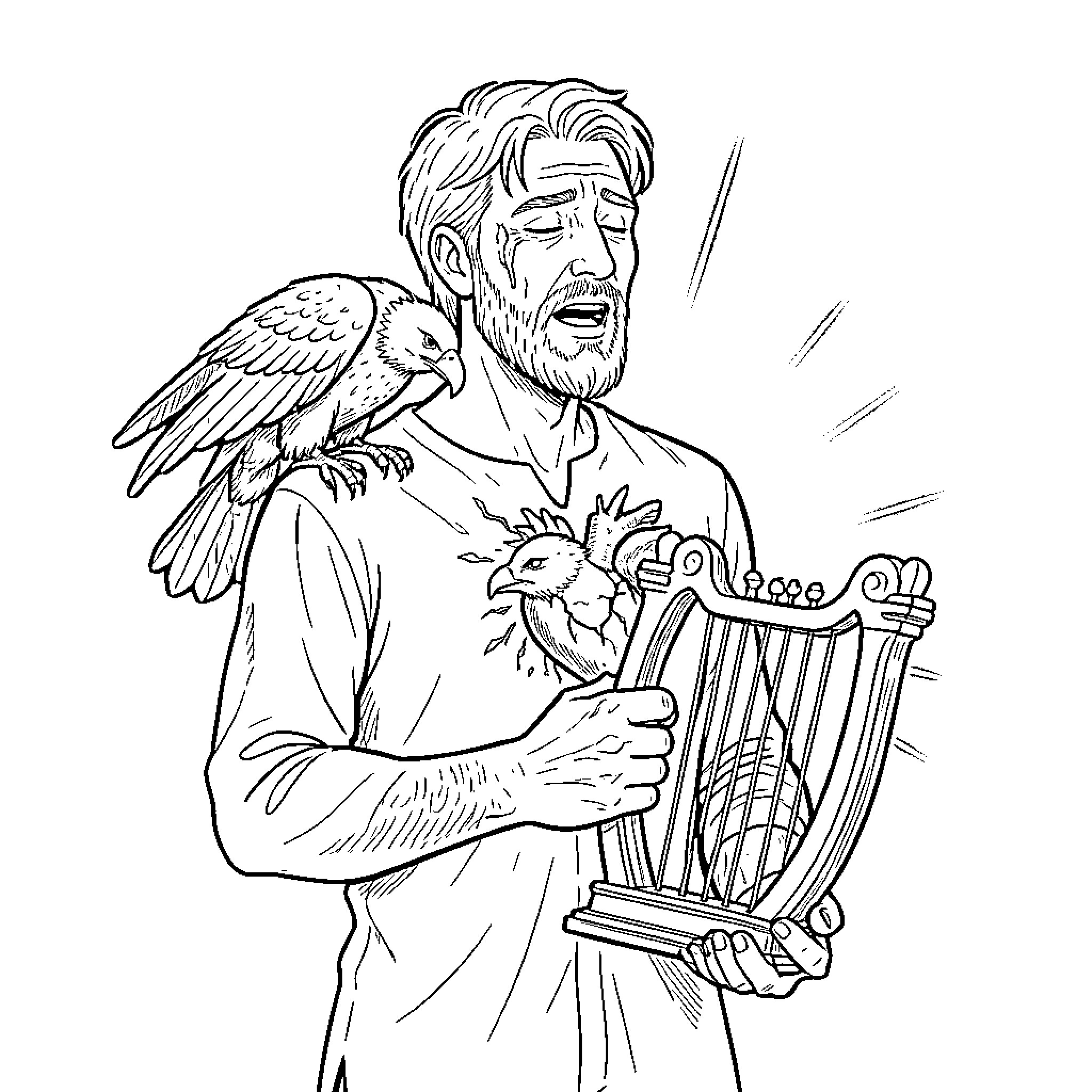 Man playing musical instrument with bird Coloring Page (free black-and-white line drawing printable PDF for all, from beginners to advanced learners, including children, teens, adults, and seniors)