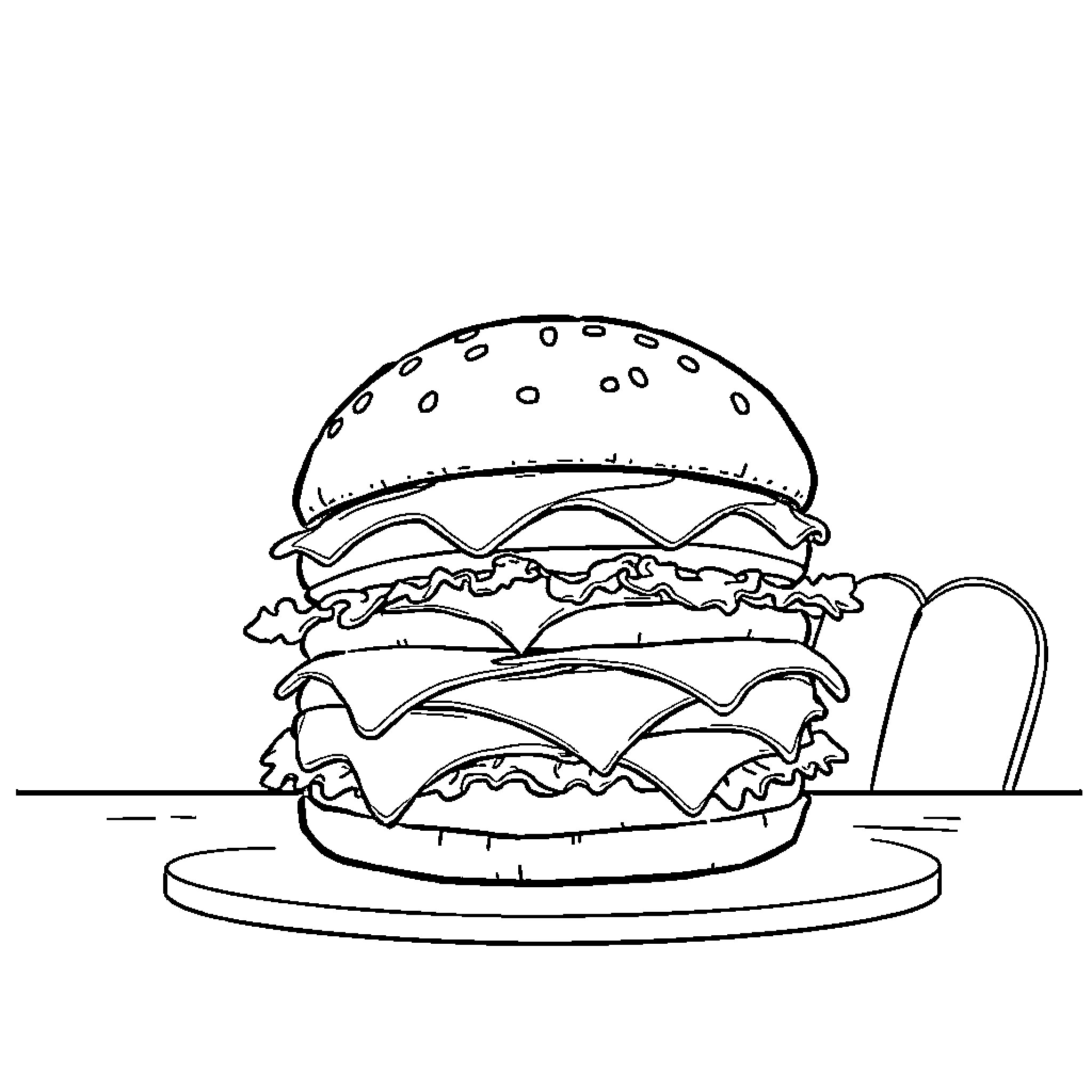 Cheeseburger on a plate with a bite taken out Coloring Page (free black-and-white line drawing printable PDF for all, from beginners to advanced learners, including children, teens, adults, and seniors)