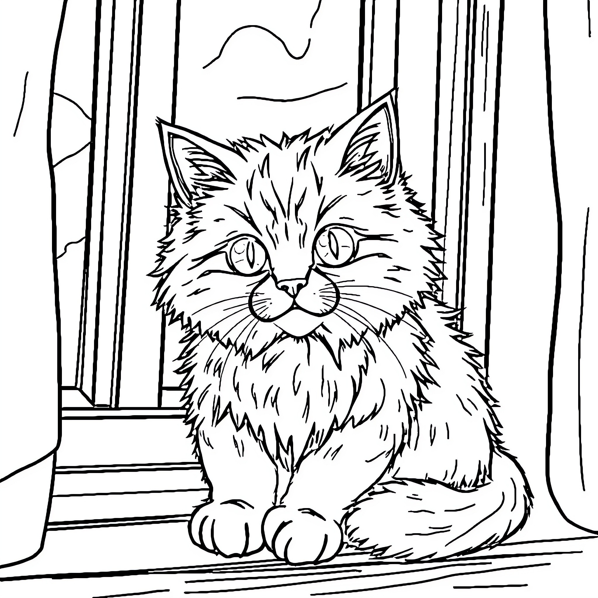 Cat sitting calmly in a room Coloring Page (free black-and-white line drawing printable PDF for all, from beginners to advanced learners, including children, teens, adults, and seniors)