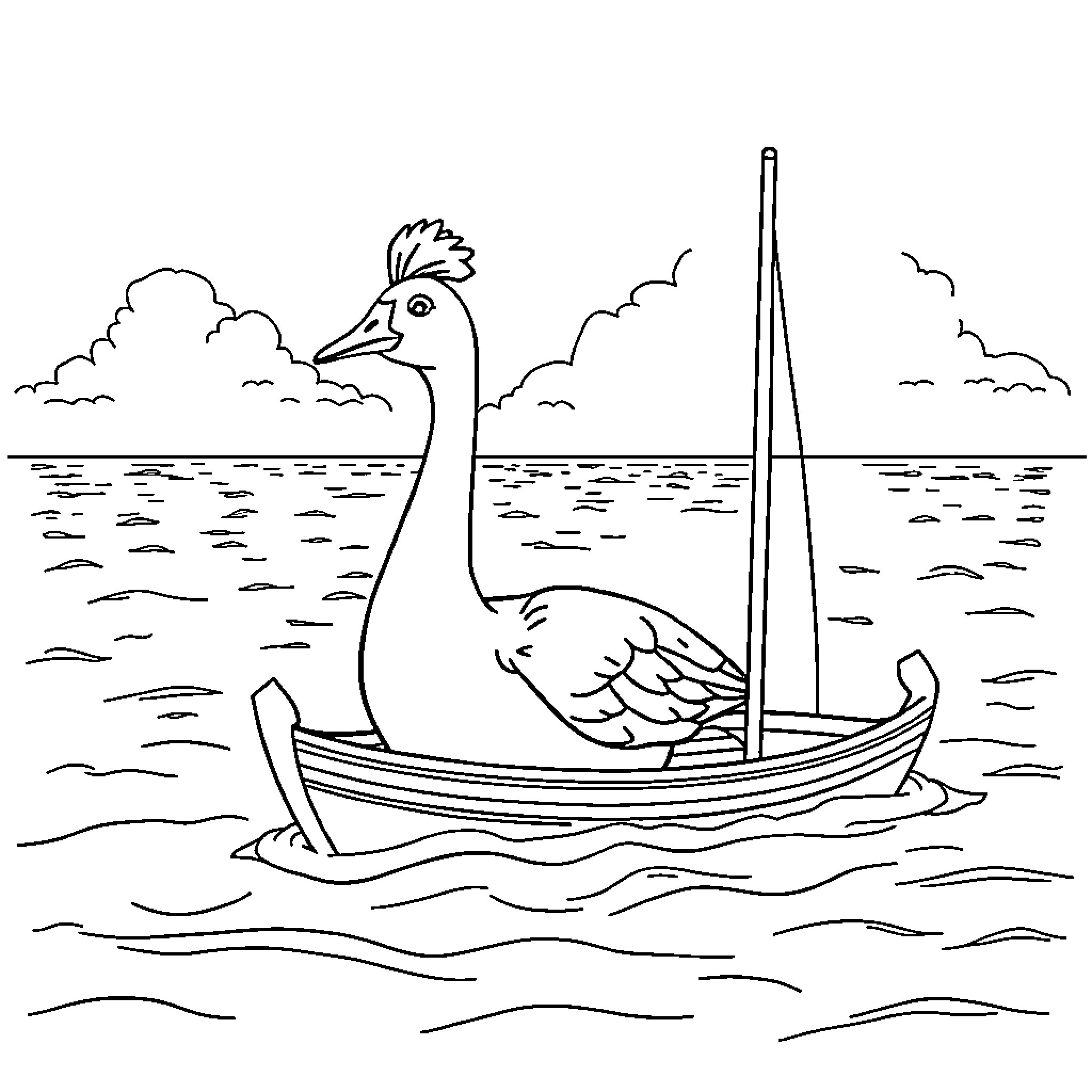 Goose sailing in a boat on the water Coloring Page (free black-and-white line drawing printable PDF for all, from beginners to advanced learners, including children, teens, adults, and seniors)