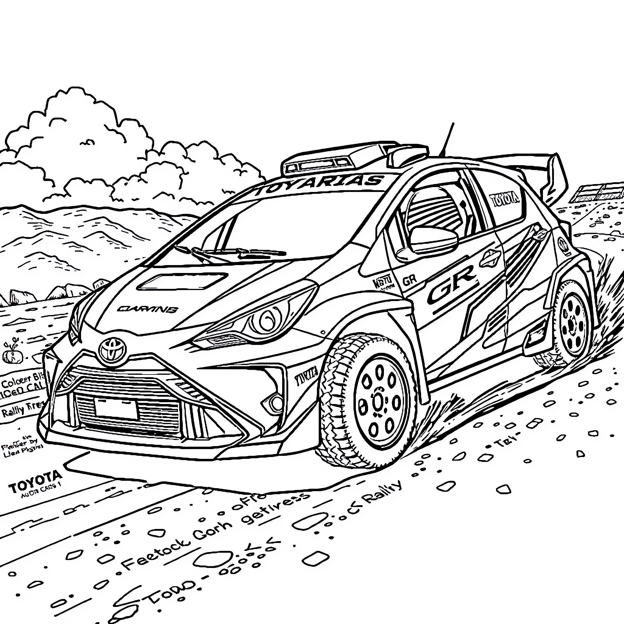 Toyota Yaris racing off-road vehicle in action Coloring Page (free black-and-white line drawing printable PDF for all, from beginners to advanced learners, including children, teens, adults, and seniors)