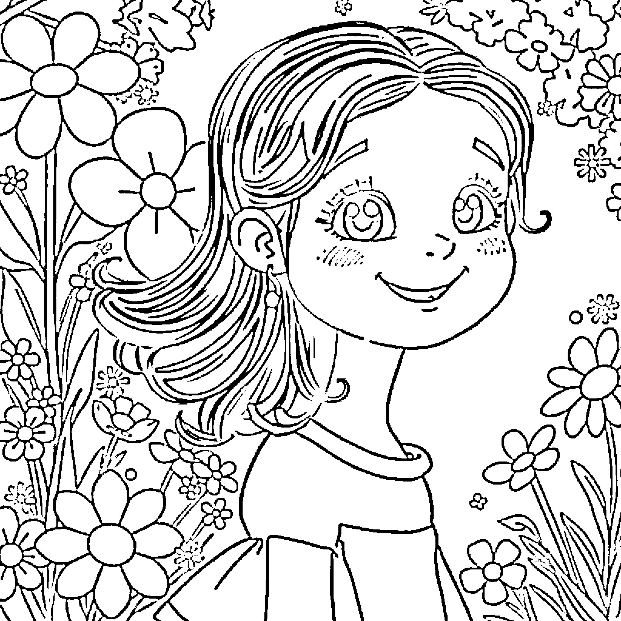 Flower girl surrounded by joyful blossoms Coloring Page (free black-and-white line drawing printable PDF for all, from beginners to advanced learners, including children, teens, adults, and seniors)