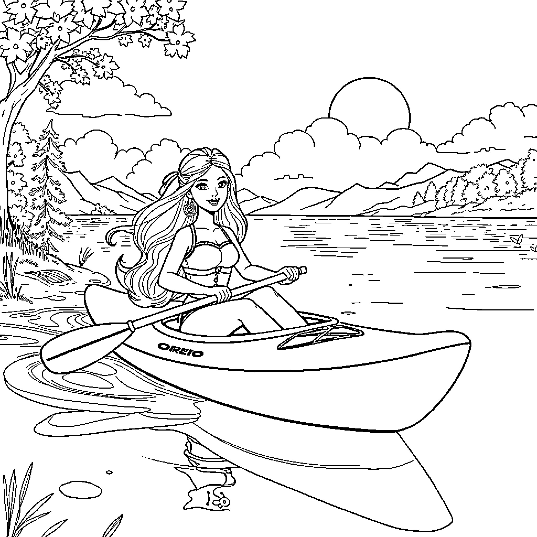 Barbie canoeing in serene nature landscape Coloring Page (free black-and-white line drawing printable PDF for all, from beginners to advanced learners, including children, teens, adults, and seniors)