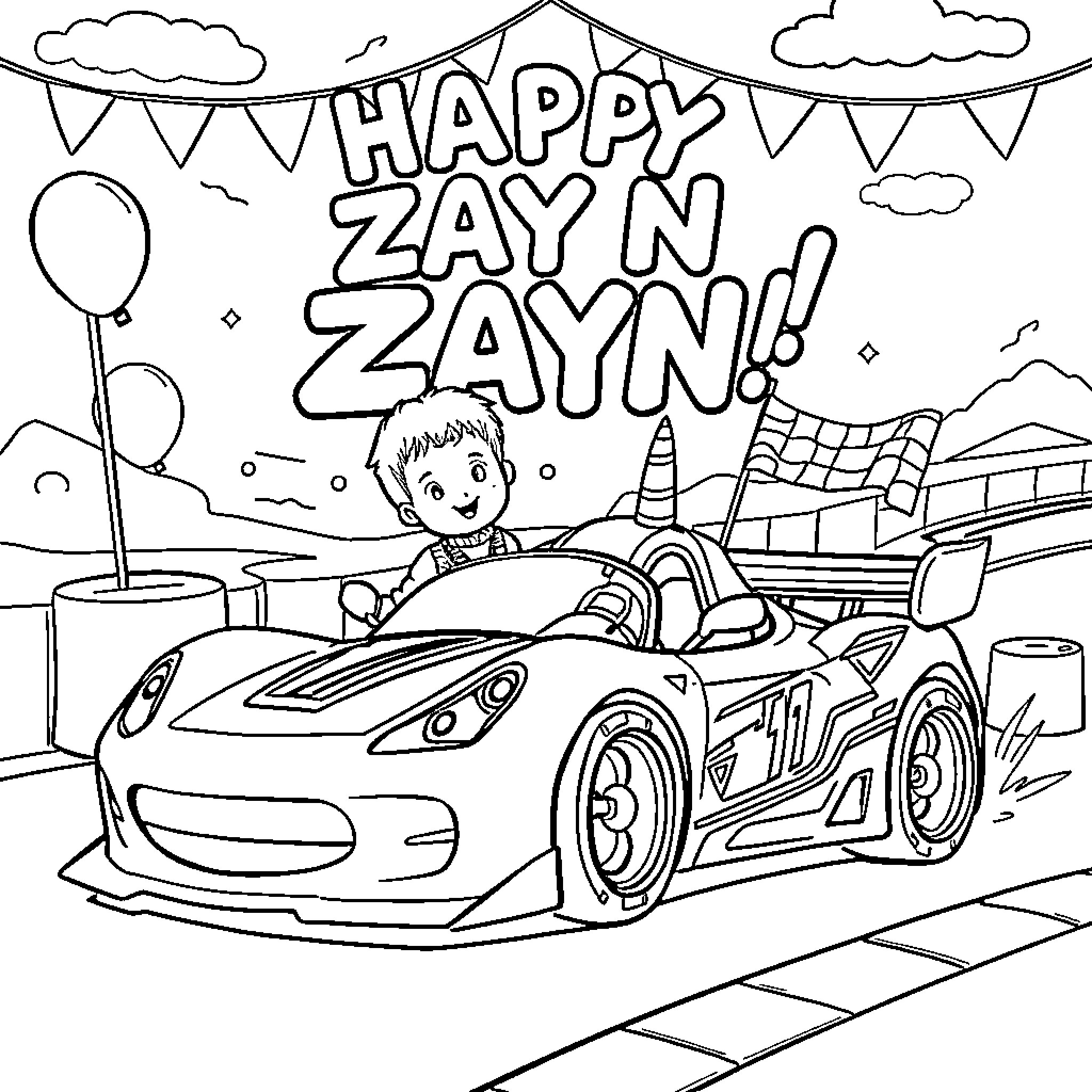 Birthday Celebration with Race Car and Balloons Coloring Page (free black-and-white line drawing printable PDF for all, from beginners to advanced learners, including children, teens, adults, and seniors)
