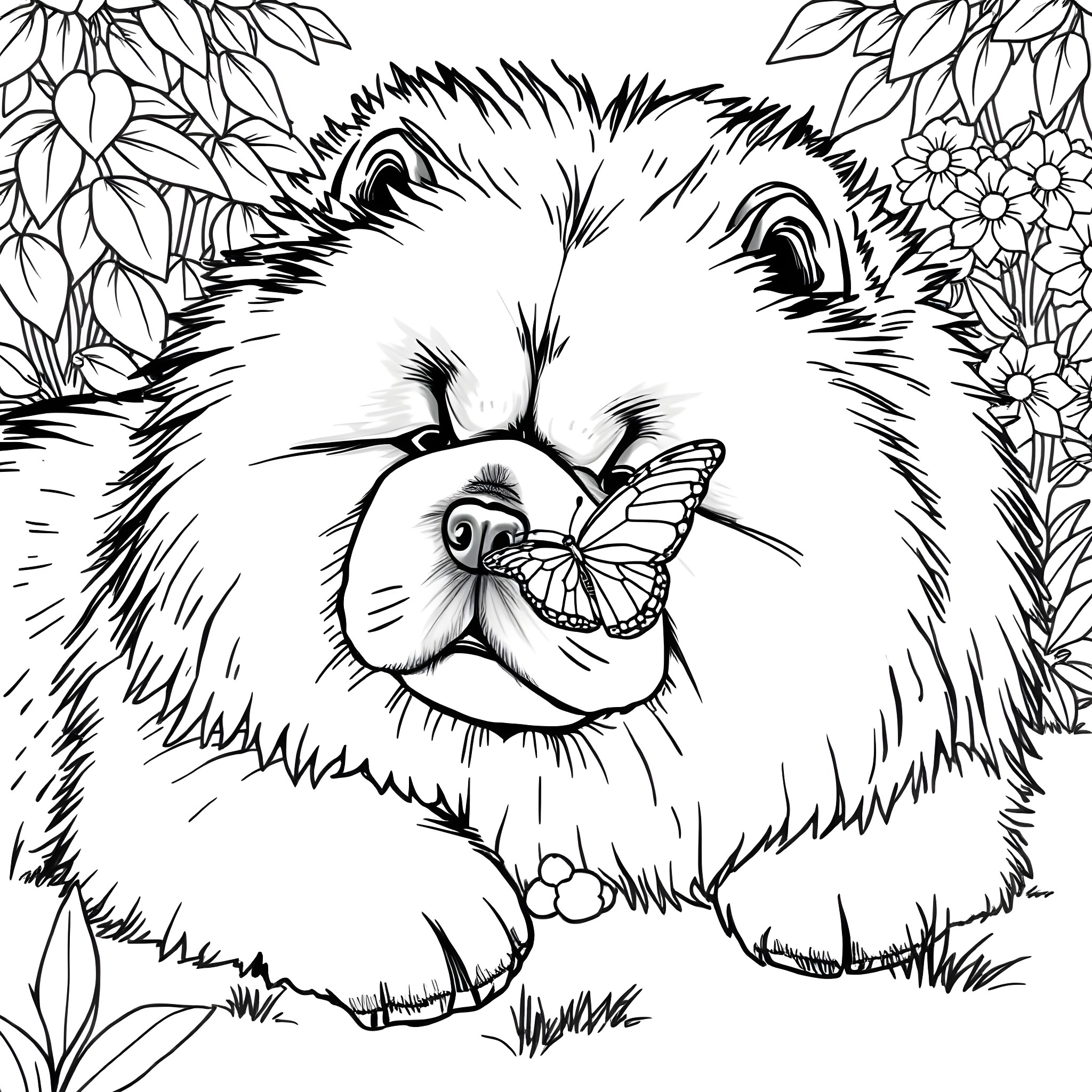 Chow Chow playing with butterfly in floral garden Coloring Page (free black-and-white line drawing printable PDF for all, from beginners to advanced learners, including children, teens, adults, and seniors)