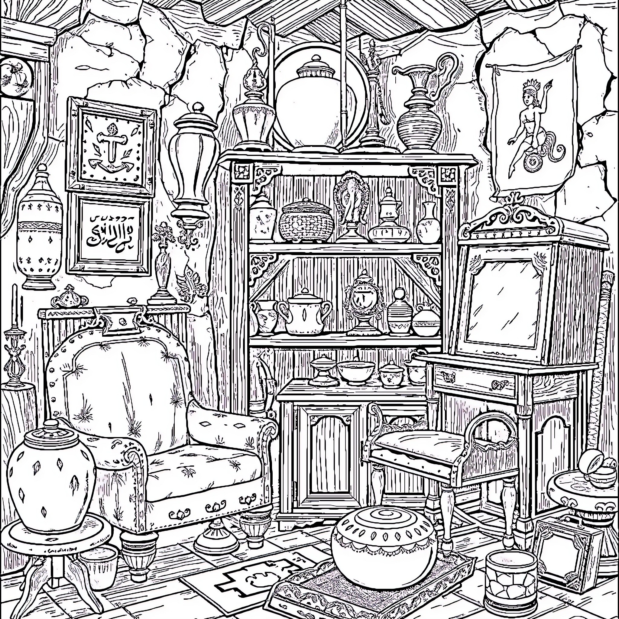Antiquity Filled with Eclectic Treasures and Relics Coloring Page (free black-and-white line drawing printable PDF for all, from beginners to advanced learners, including children, teens, adults, and seniors)