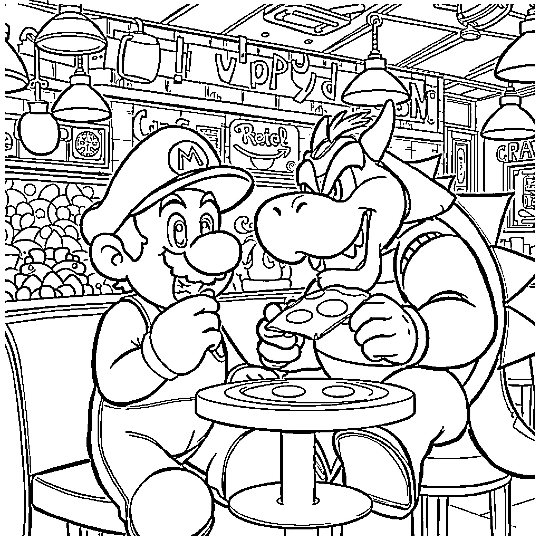 Mario and Friends Enjoying Delicious Pizza at the Diner Coloring Page (free black-and-white line drawing printable PDF for all, from beginners to advanced learners, including children, teens, adults, and seniors)