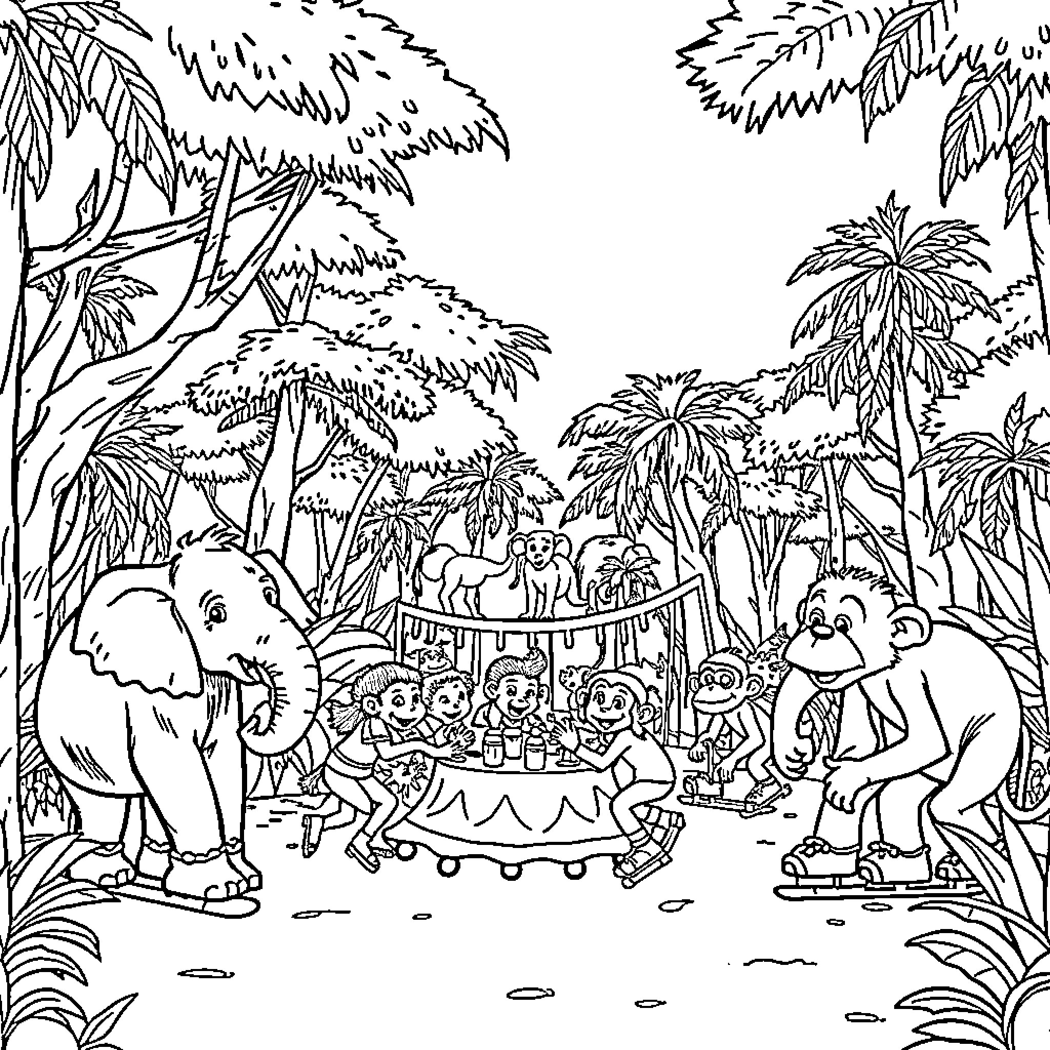 Animal friends gather in the jungle Coloring Page (free black-and-white line drawing printable PDF for all, from beginners to advanced learners, including children, teens, adults, and seniors)