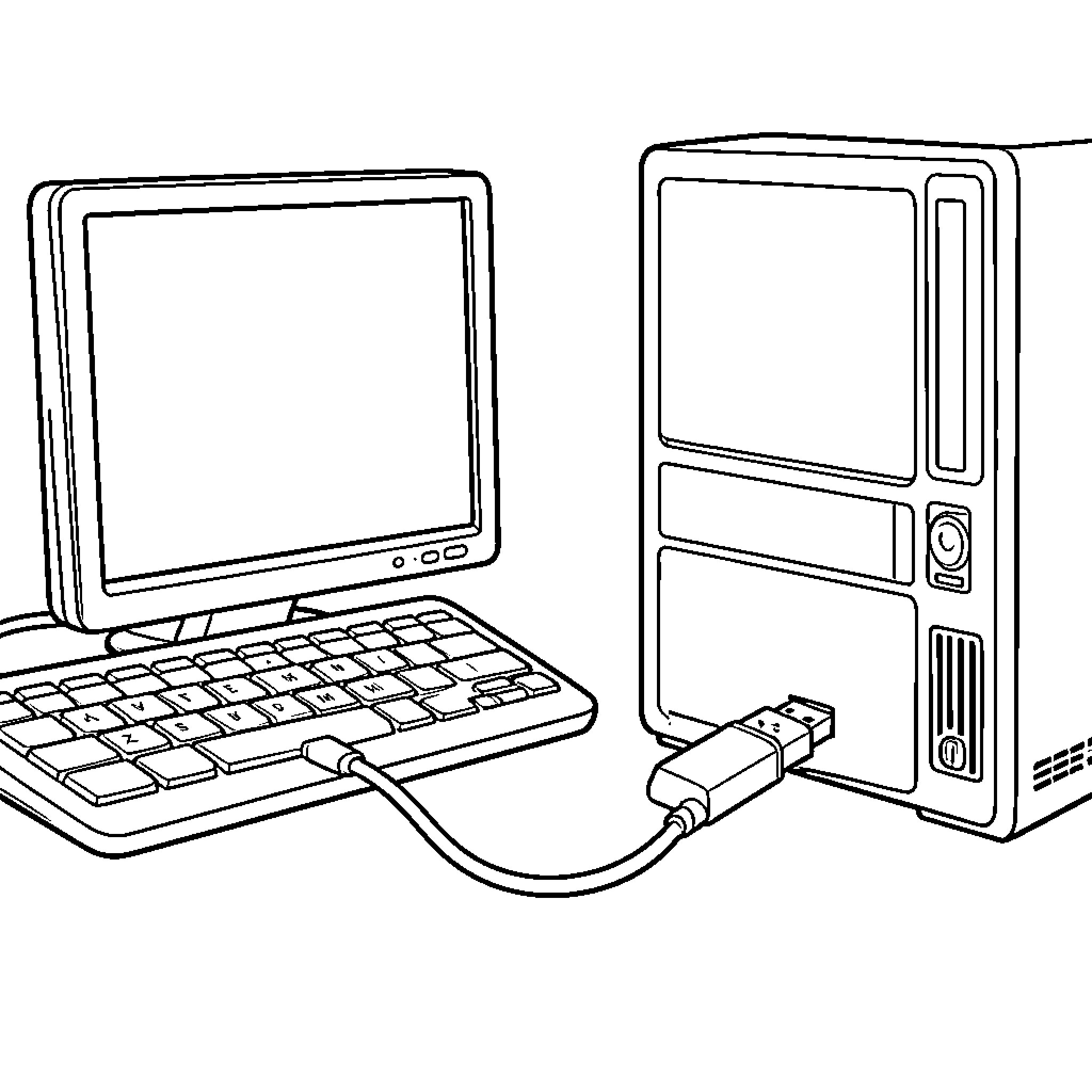 USB cable connecting a keyboard to a computer Coloring Page (free black-and-white line drawing printable PDF for all, from beginners to advanced learners, including children, teens, adults, and seniors)