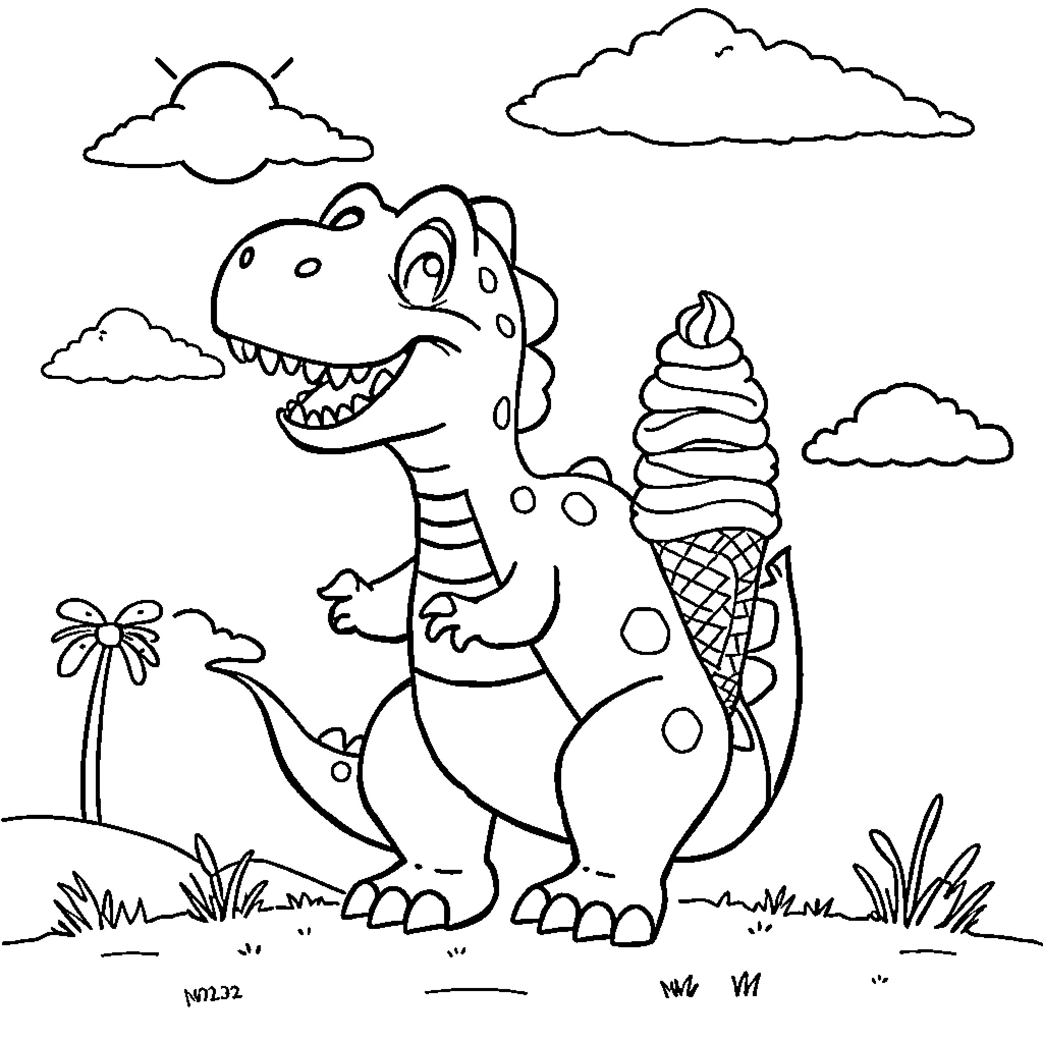Dinosaur enjoying an ice cream cone in the park Coloring Page (free black-and-white line drawing printable PDF for all, from beginners to advanced learners, including children, teens, adults, and seniors)