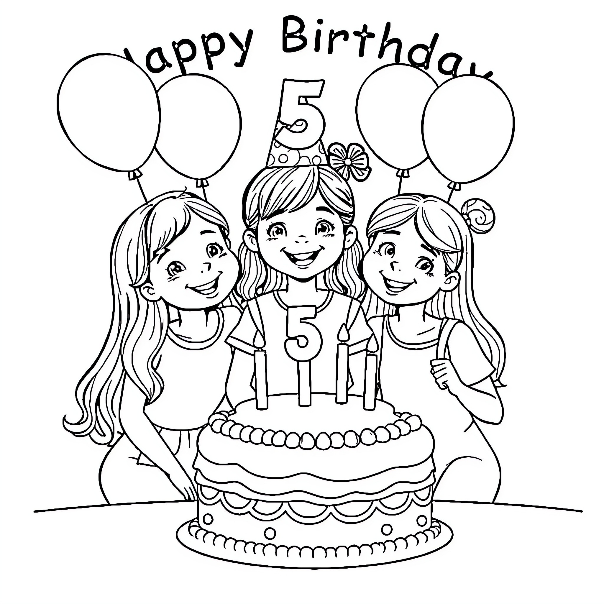 Child's 5th birthday celebration with friends Coloring Page (free black-and-white line drawing printable PDF for all, from beginners to advanced learners, including children, teens, adults, and seniors)