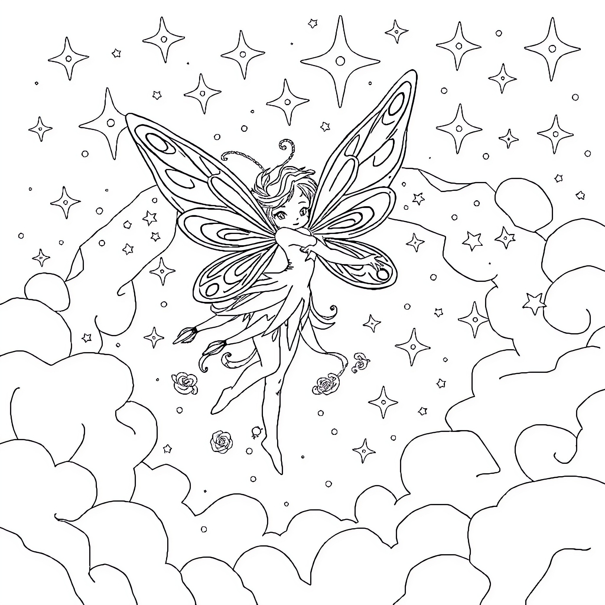 Centrillon Fairy Dancing Among the Stars Coloring Page (free black-and-white line drawing printable PDF for all, from beginners to advanced learners, including children, teens, adults, and seniors)