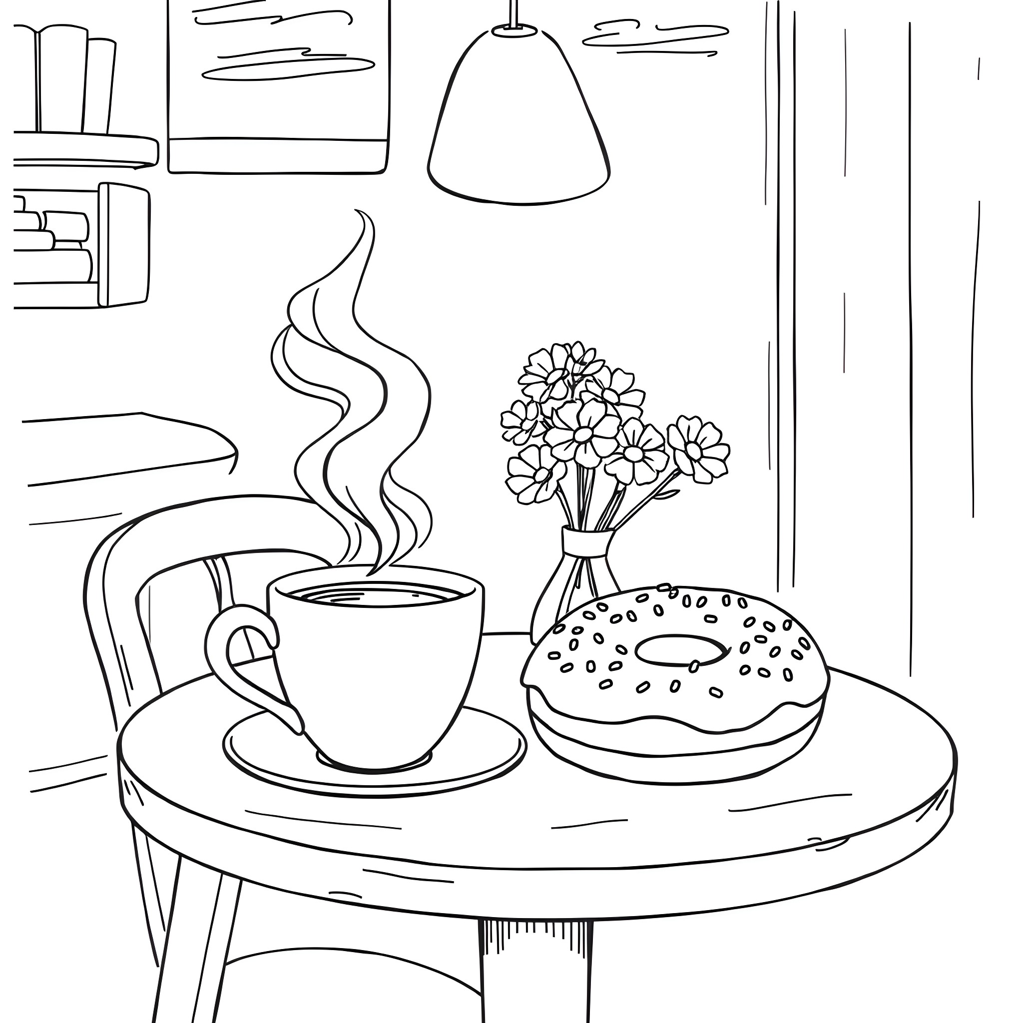 Coffee Break with Baked Treat and Flowers Coloring Page (free black-and-white line drawing printable PDF for all, from beginners to advanced learners, including children, teens, adults, and seniors)