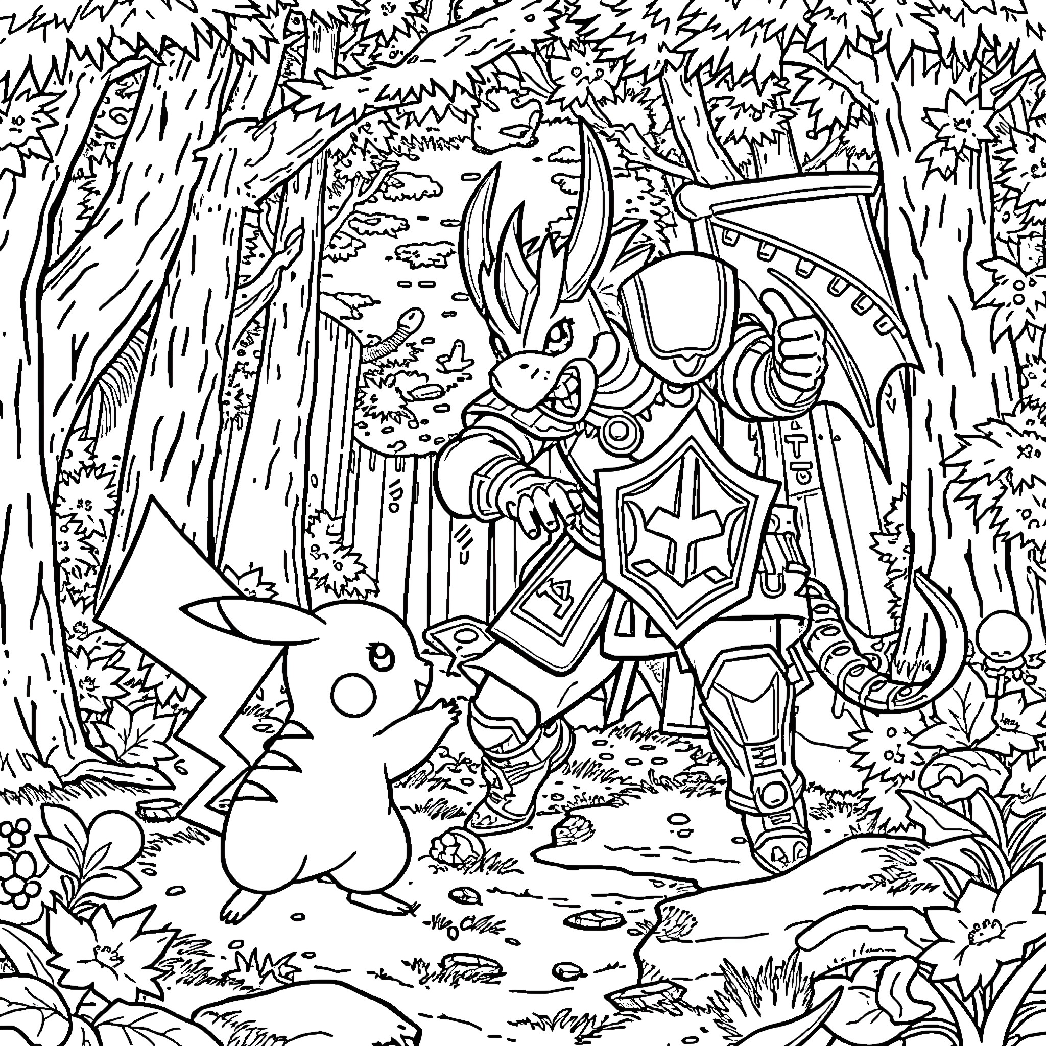 Dragon Knight Fights Mysterious Creature in Forest Coloring Page (free black-and-white line drawing printable PDF for all, from beginners to advanced learners, including children, teens, adults, and seniors)